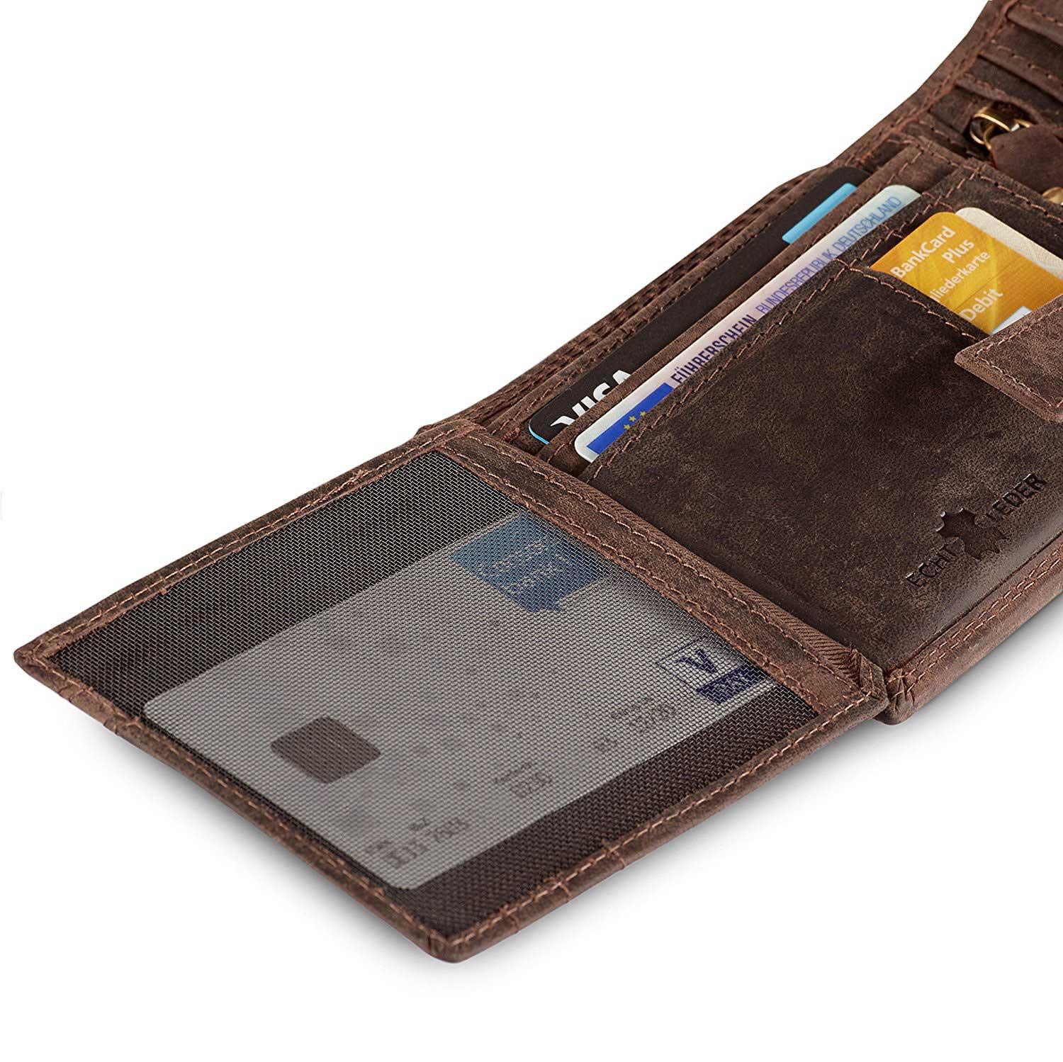 Brauner Leder-Geldbeutel mit geprägtem Schriftzug „Hodalump“, Klappformat, RFID-Schutz, fein genäht.