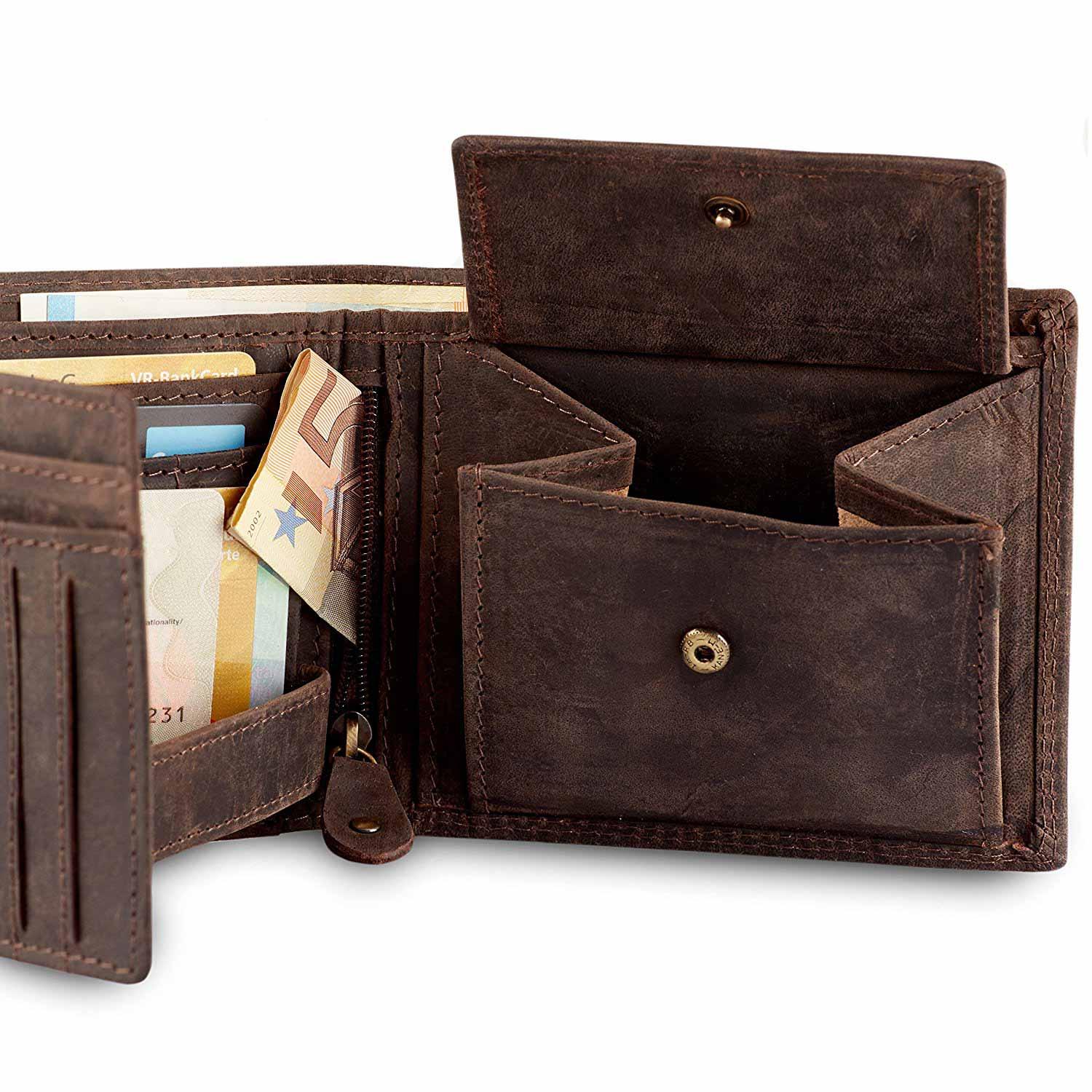 Brauner Leder-Geldbeutel mit geprägtem "Hodalump"-Schriftzug, Klappformat, Kartenfächern und RFID-Schutz.