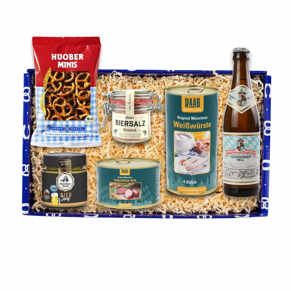 Geschenkbox Brotzeit mit Brezeln, Bier, Weißwurst, Leberkäse, Biersalz und Senf. Eine bayerische Spezialitätenbox.