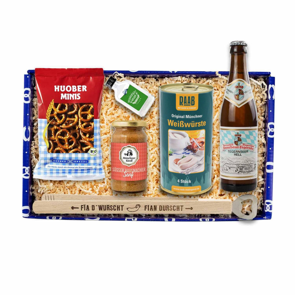 Geschenkbox Weißwurscht-Frühstück mit Weißwürsten, süßem Senf, Brezeln, Bier und Öffner.