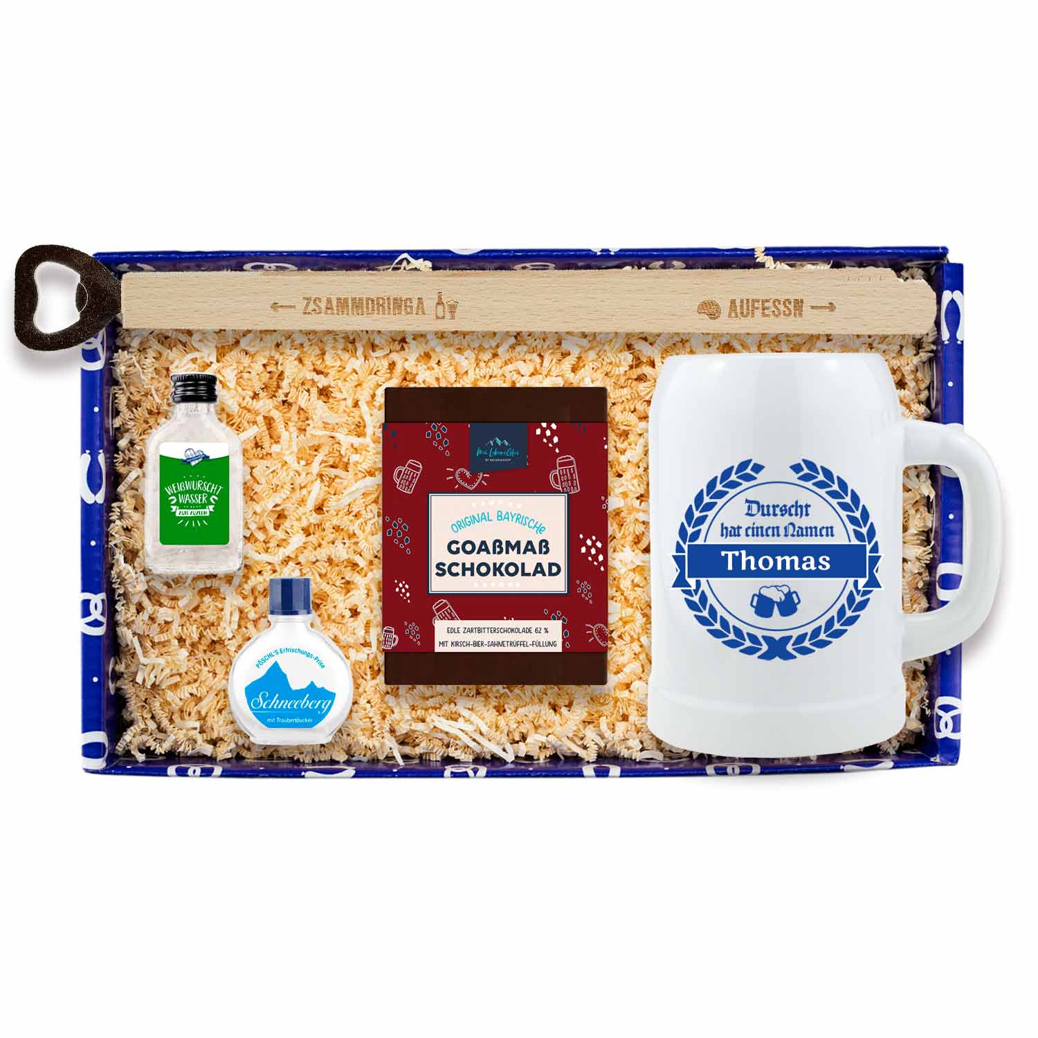 Geschenkbox mit personalisierbarem Bierkrug, Goaßmaß-Schokolade und Schnaps „Weißwurschtwasser“, bayerisch gestaltet.