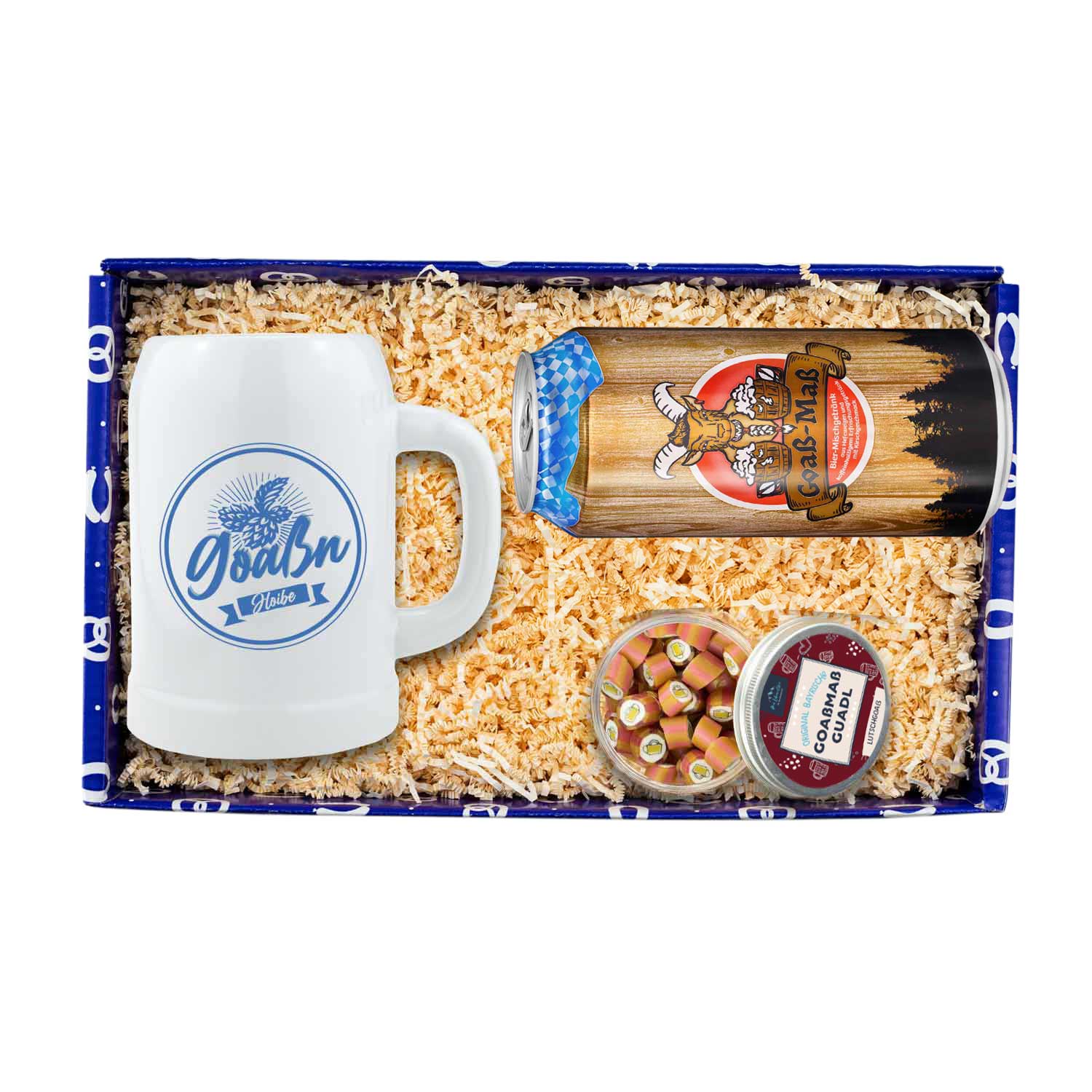 Goaßmaß-Set mit 0,5l-Krug, graviertem Holzdeckel, handgemachten Bonbons und bedrucktem Stoffbeutel.