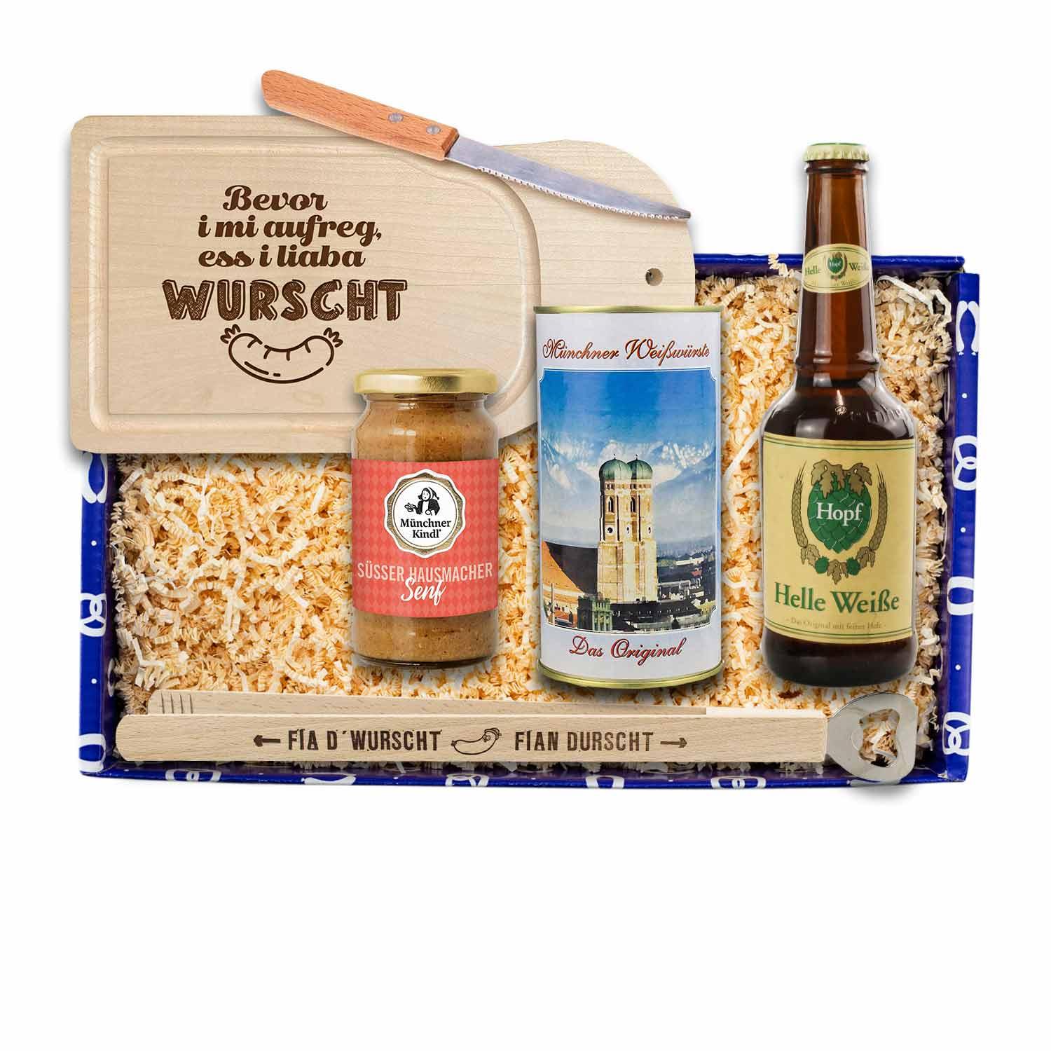 Bayerische Geschenkbox mit 4 hellen Weißwürsten, Weißbier 0,33 l, Holzbrett mit Messer und „Brotzeit“-Aufdruck.