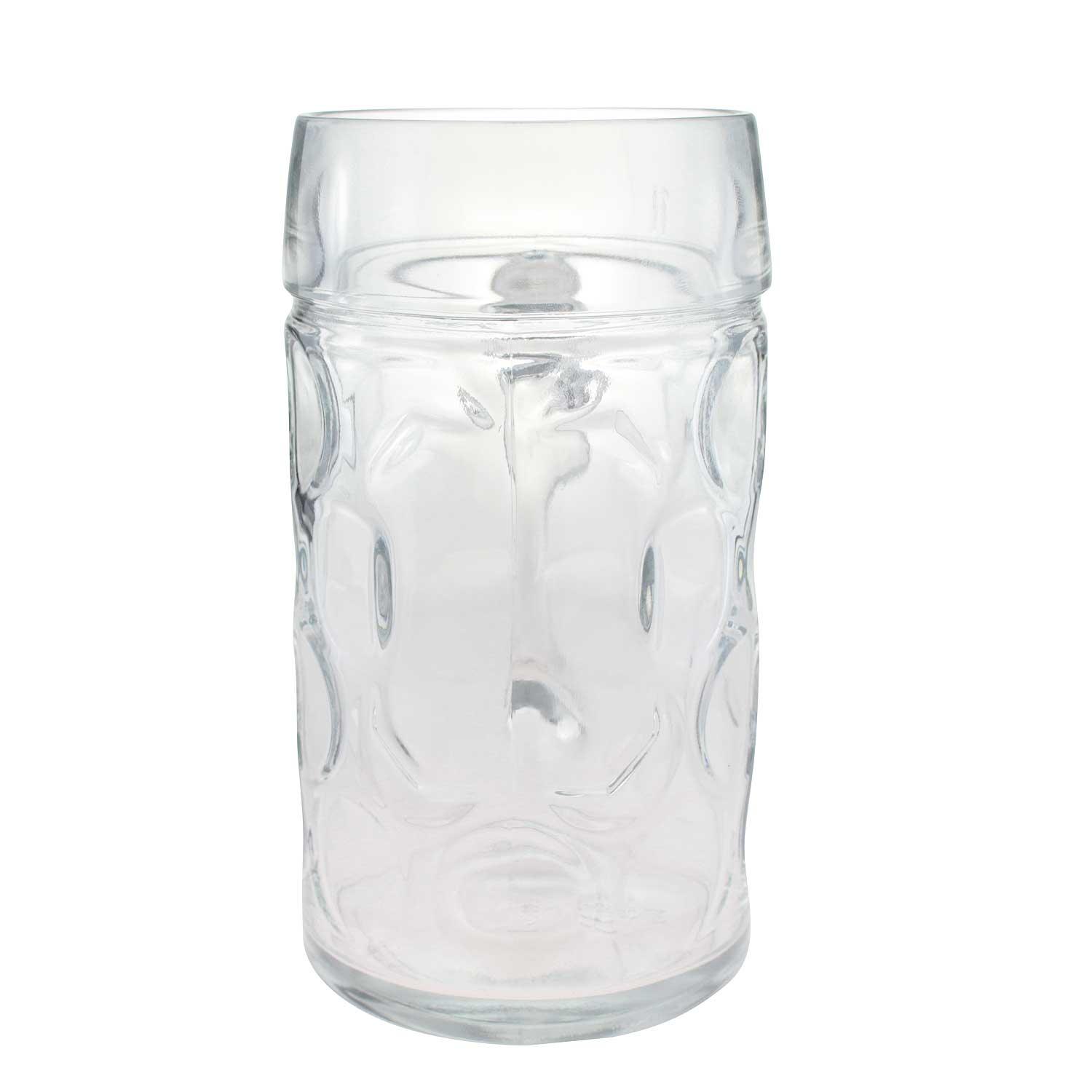 Glas-Maßkrug mit Henkel aus Klarglas, zylindrische Form, Gravur mit bayerischem Logo und Rautenmuster, 1,0 Liter.