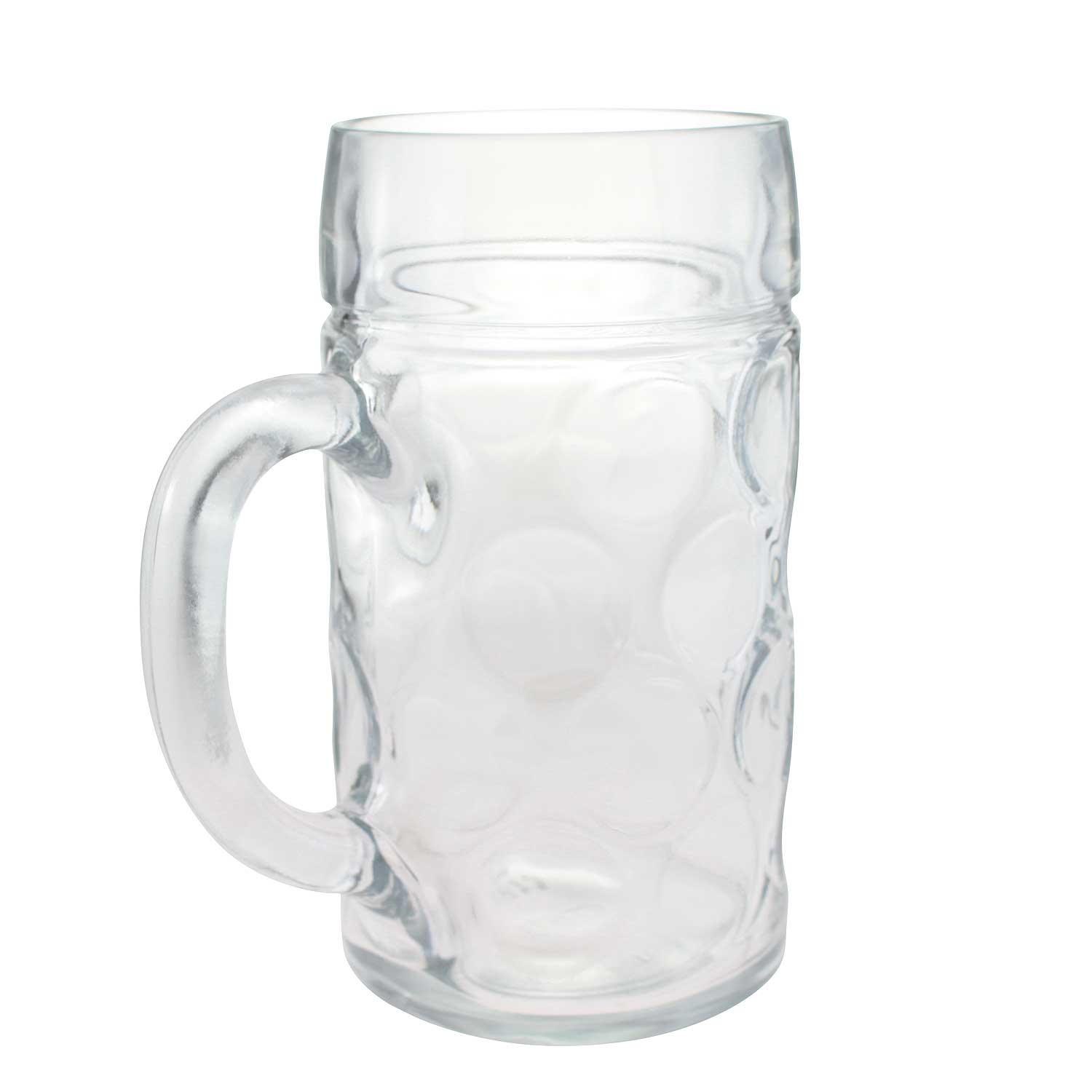 Glas-Maßkrug mit graviertem Logo und Schriftzug, transparenter Krug in bauchiger Form, 1,0 Liter, aus klarem Glas.