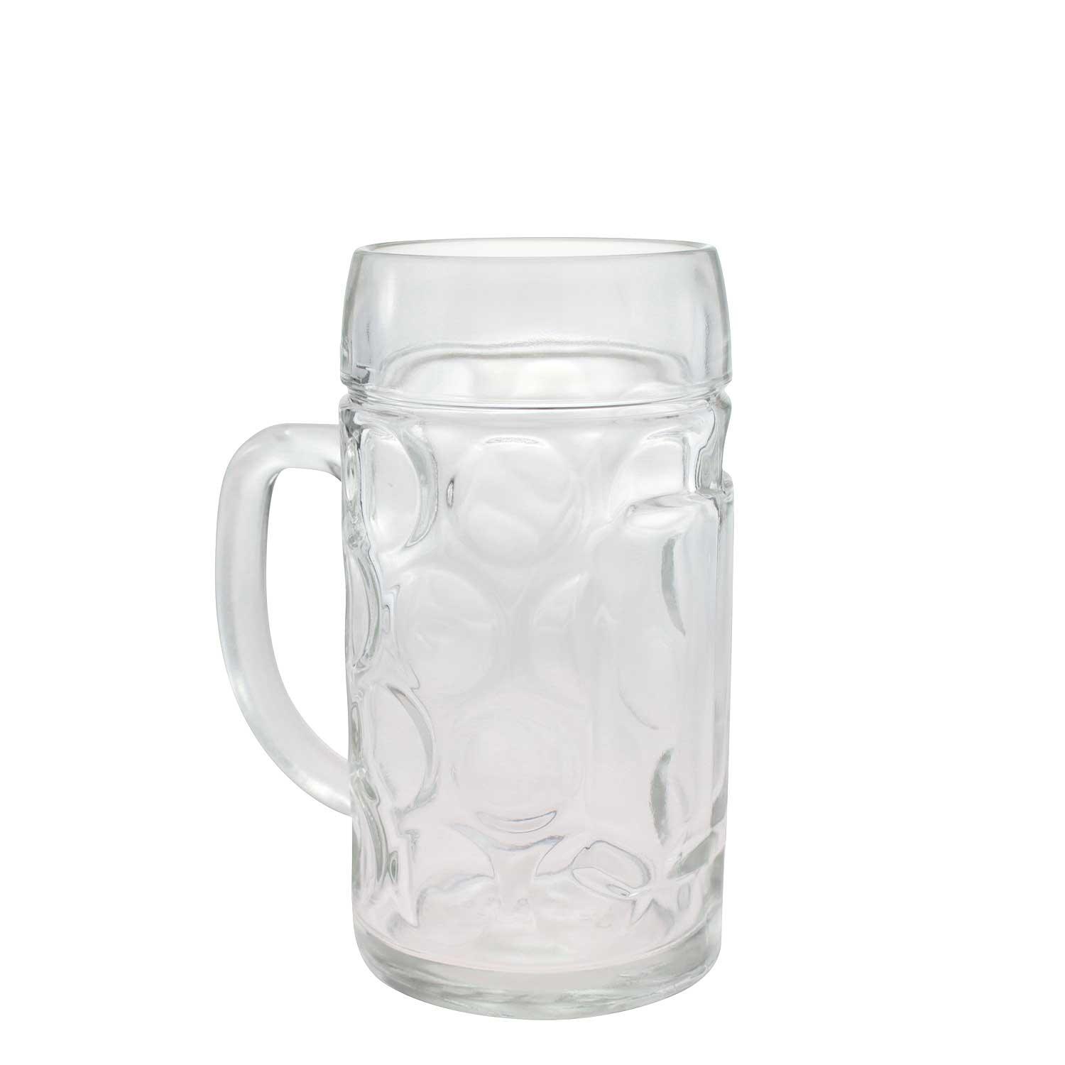 Klarer Glas-Maßkrug mit graviertem weißen Logo und mittigem Schriftzug, zylindrische Form, Fassungsvermögen 0,5 Liter