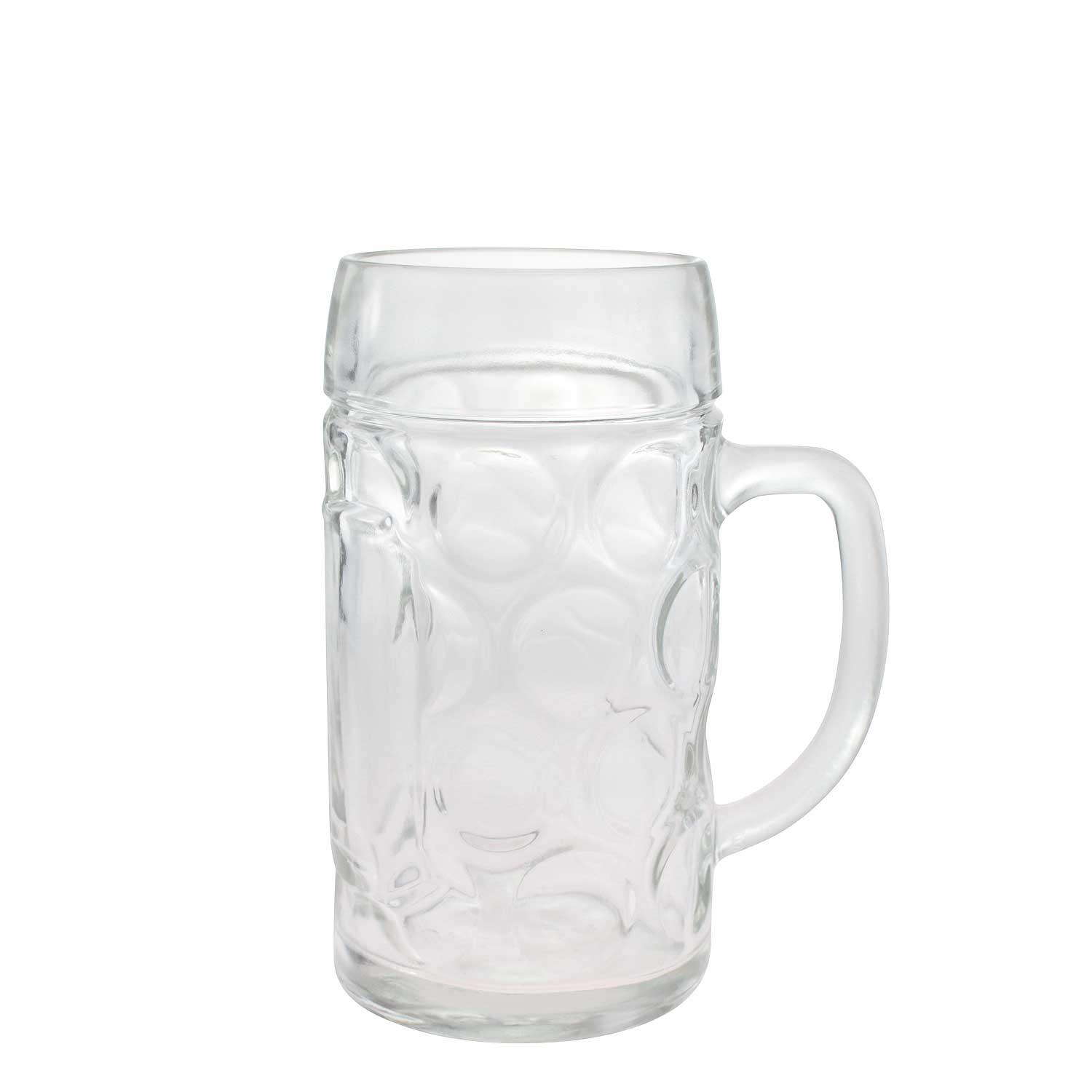 Transparenter Glaskrug in zylindrischer Form mit Henkel, hochwertig gefertigt, ohne Dekoration, Füllmenge 0,5 Liter.