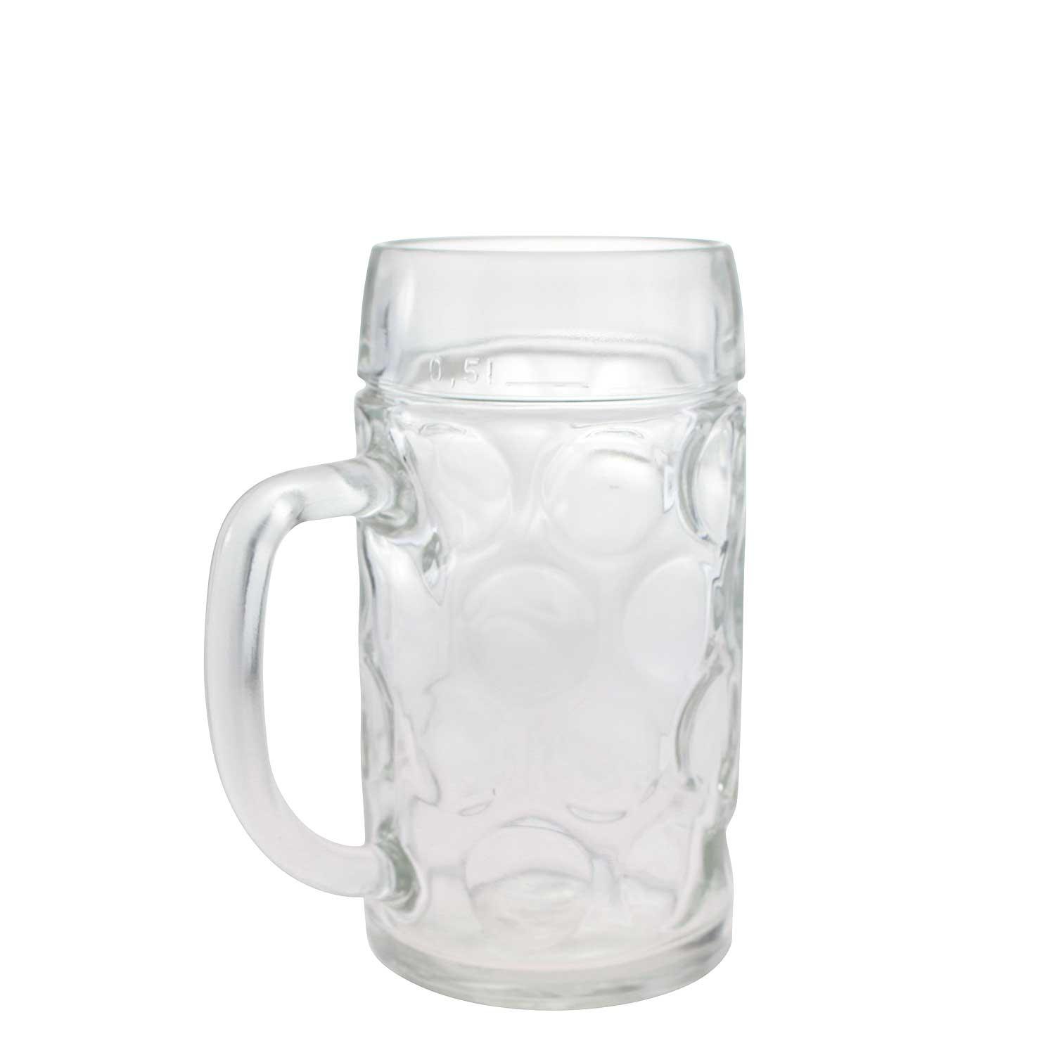 Klarer Glaskrug in traditioneller bauchiger Form mit strukturiertem Muster und Schriftzug auf der Vorderseite, 0,5 Liter.
