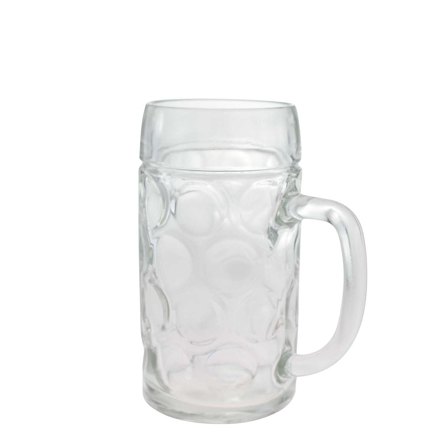 Traditioneller, klarer Bierkrug aus Glas mit stabilem Henkel, zylindrischer Form, 0,5 Liter Füllmenge.