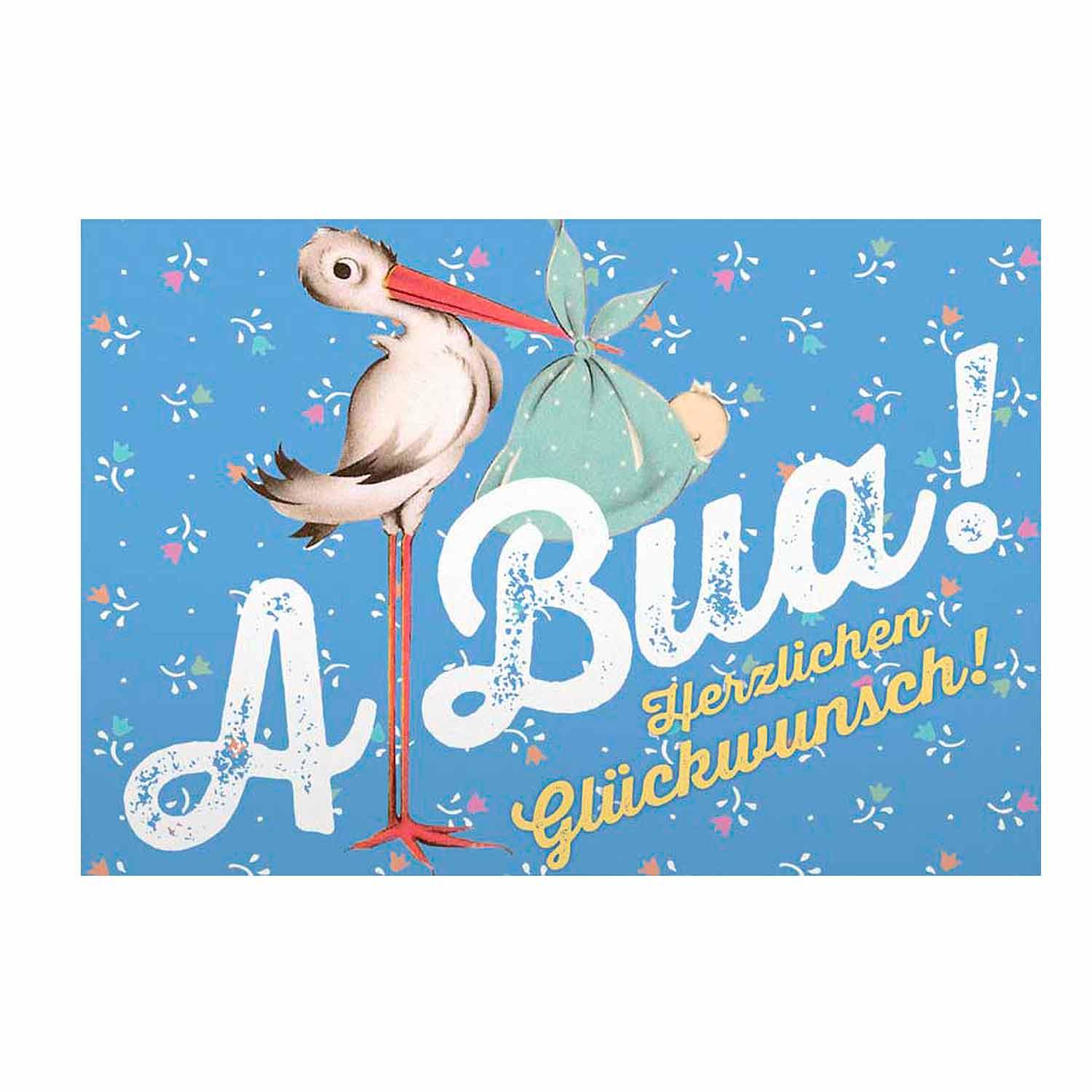 Geschenkkarte mit bayerischem Dialekt-Schriftzug "A Bua", weiß-blau kariert, Herzmotiv auf Kraftpapier.