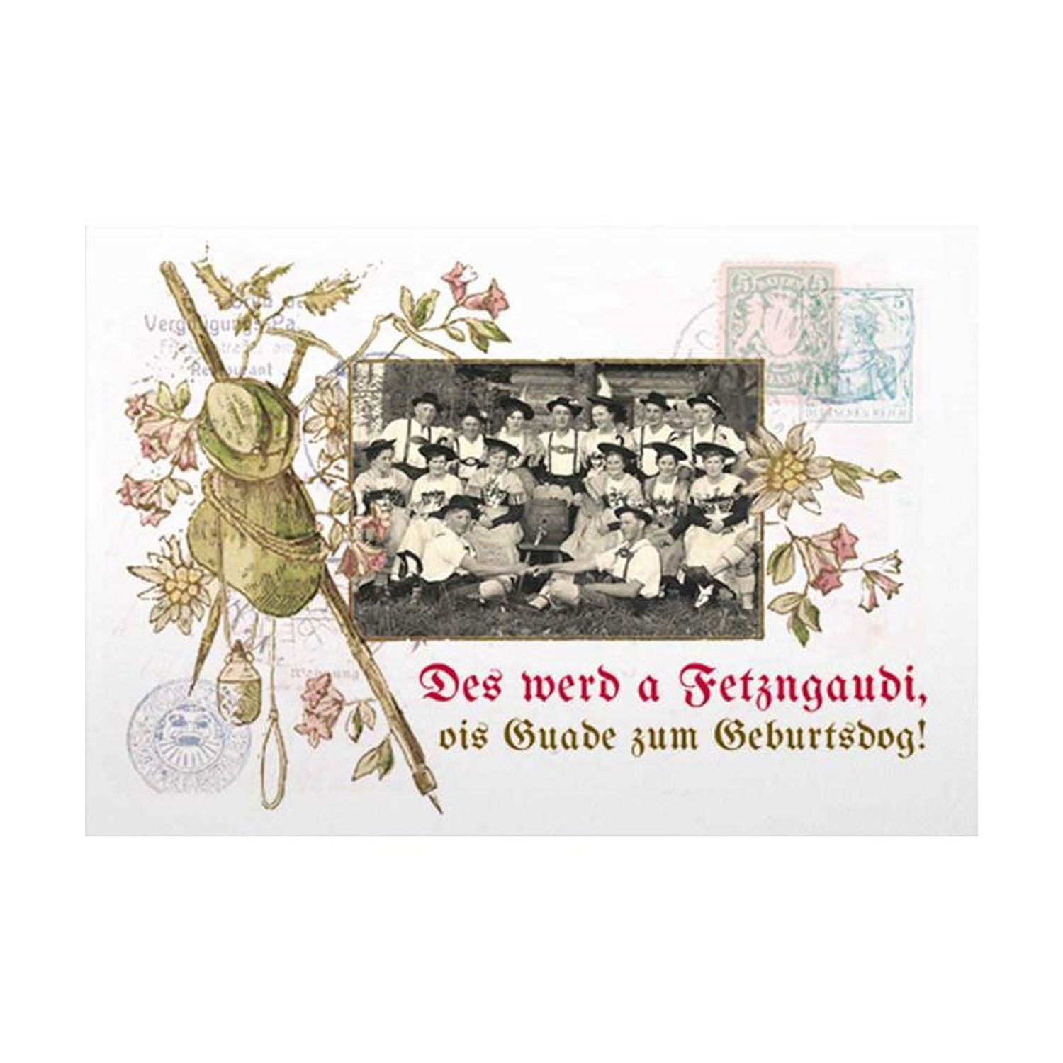 Doppelkarte mit buntem Schriftzug "Fetzngaudi", veredelt mit Glitter, inkl. weißem Kuvert, Format 12 x 17,5 cm.