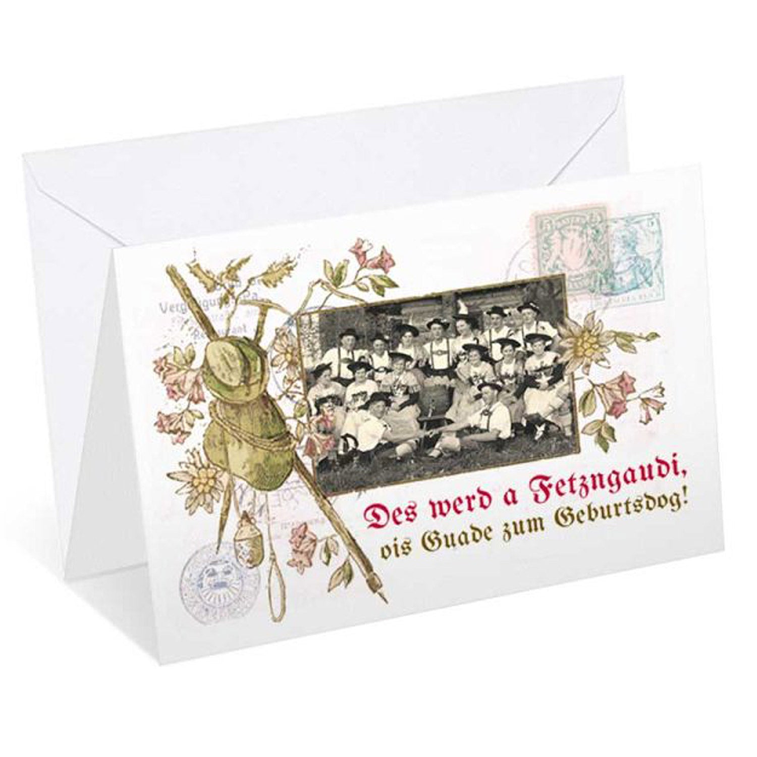 Glückwunschkarte mit buntem Schriftzug „Fetzngaudi“, glitzerveredelt, klappbar, inklusive weißem Kuvert, 12 × 17,5 cm.