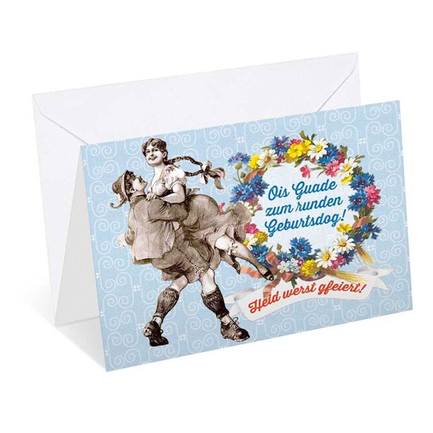 Glückwunschkarte mit veredeltem Motiv und Schriftzug „Runder Geburtsdog“, Doppelkarte mit weißem Kuvert, 12 x 17,5 cm.