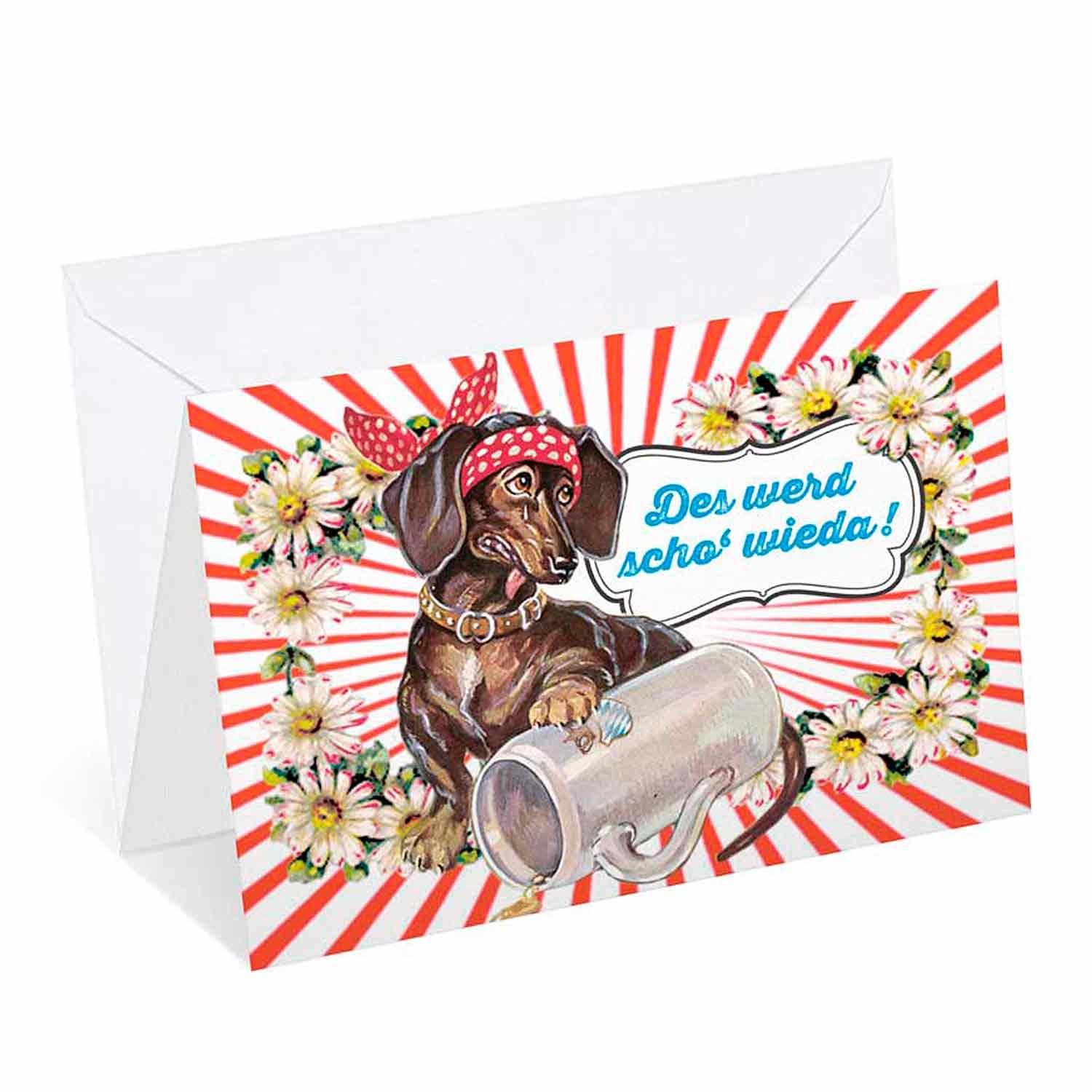 Bayerische Grußkarte mit Aufschrift „Guade Besserung!“, roter Herz-Grafik und Glitzerakzenten auf weißem Karton.