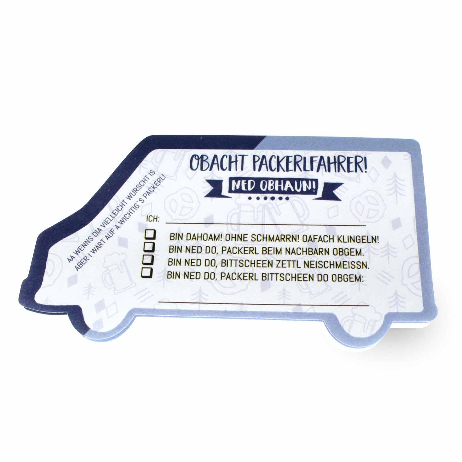 Haftnotizen in Form eines gelben Lieferwagens mit bayerischem Schriftzug „Packerlfahrer“, 50 Blatt, ca. 9,5 x 5 cm.