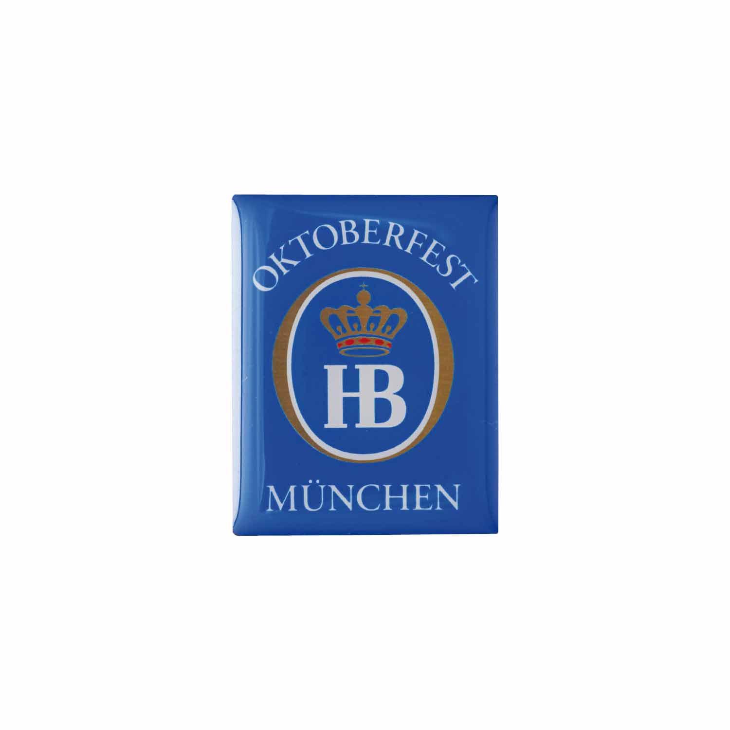 Rechteckiger Kühlschrankmagnet mit Bierkrug-Motiv, Aufschrift „Oktoberfest München“, in Blau und Weiß.