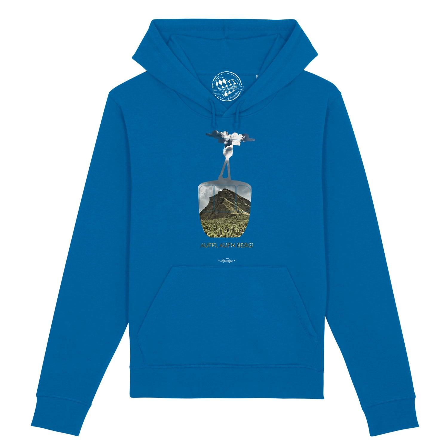 Grauer Herren-Hoodie mit Kapuze, Frontprint „Auffi, aufn Berg!“ in Weiß, Bio-Baumwolle, klassischer Schnitt.