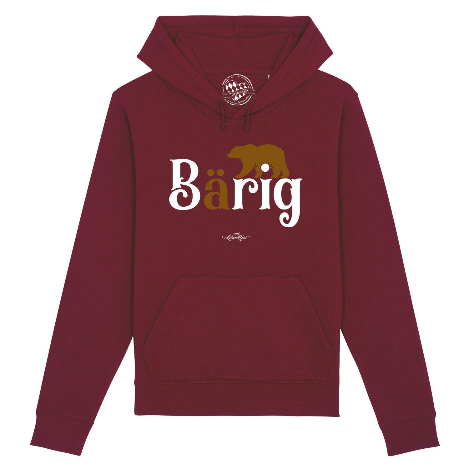 Dunkelgrauer Herren-Hoodie mit weißem „bärig“-Schriftzug, Kapuze, Kängurutasche; Bio-Baumwolle-Mix.