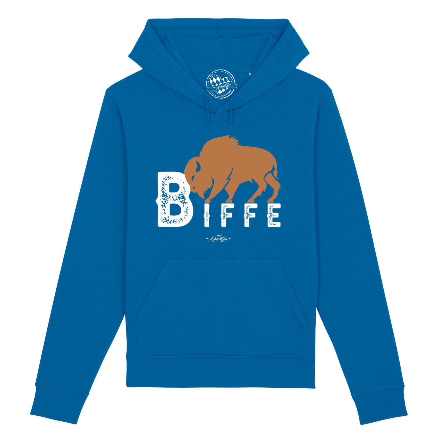 Dunkelblauer Herren Hoodie mit Kapuze, Frontprint „Biffe“ in Weiß, Kängurutasche, Bio-Baumwolle, Regular Fit.
