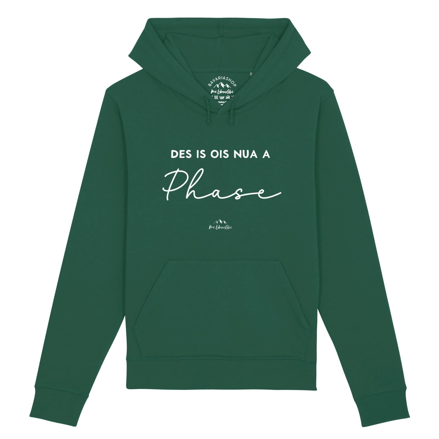 Herren Hoodie mit Frontprint „Des is ois nua a Phase“, Kapuze und Kängurutasche, aus Bio-Baumwollmix.