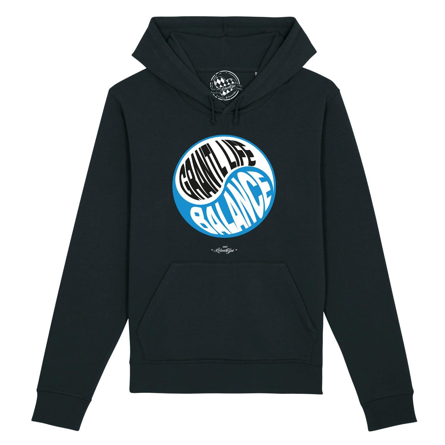 Herren Hoodie in Dunkelgrau mit weißem Frontprint "Grantl life balance", Kapuze, Kängurutasche, Bio-Baumwollmix.
