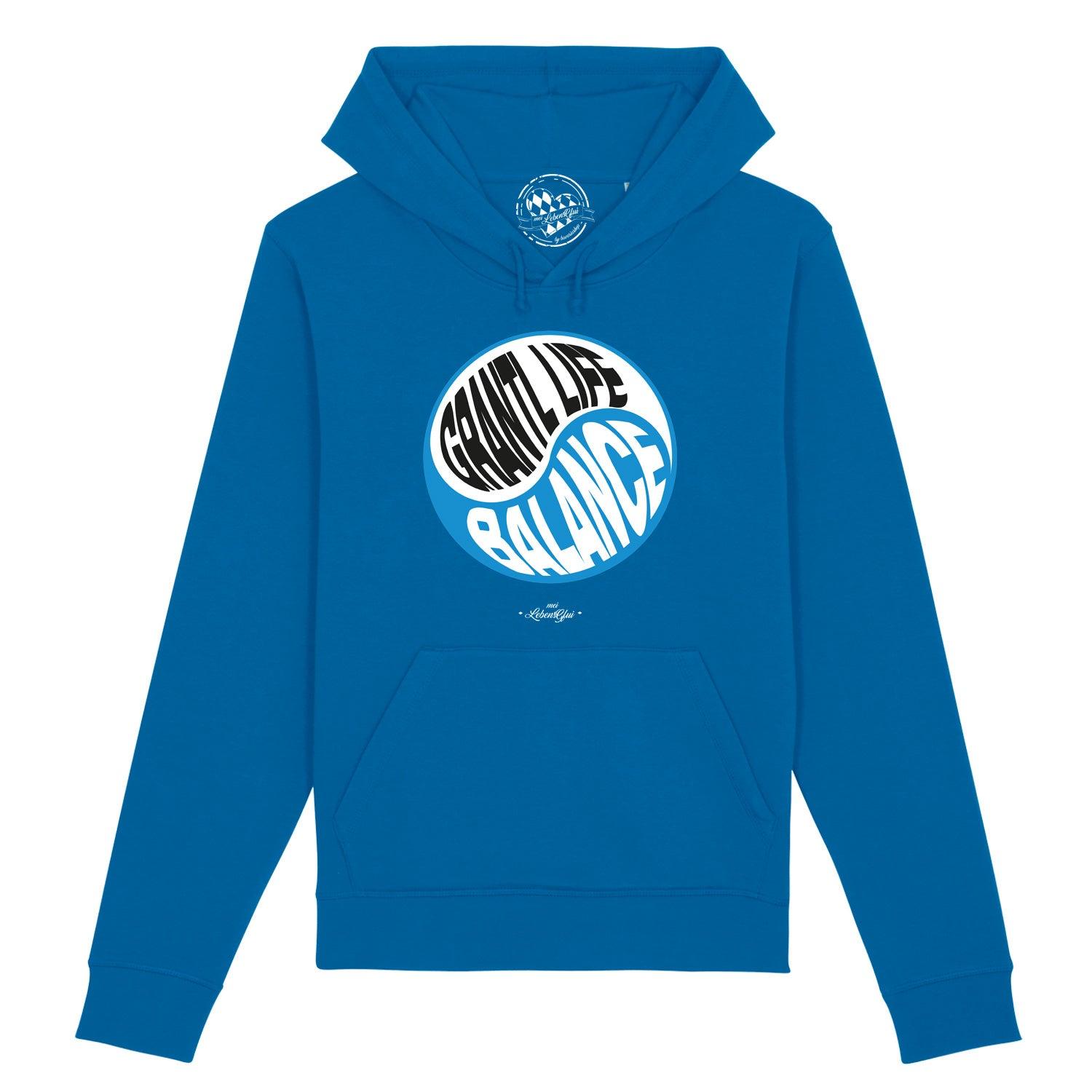 Dunkelblauer Herren-Hoodie mit weißem Aufdruck „Grantl life balance“, Kapuze, Kängurutasche; Bio-Baumwolle-Mix.