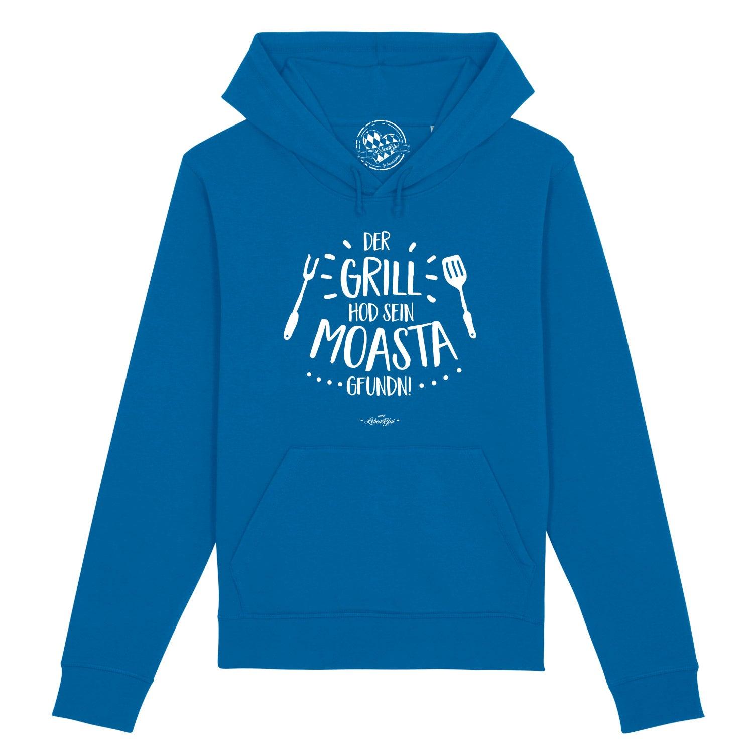 Dunkelgrauer Herren-Hoodie mit weißem "GrillMoasta"-Schriftzug, Kapuze, Kängurutasche, Bio-Baumwollmix 85/15.