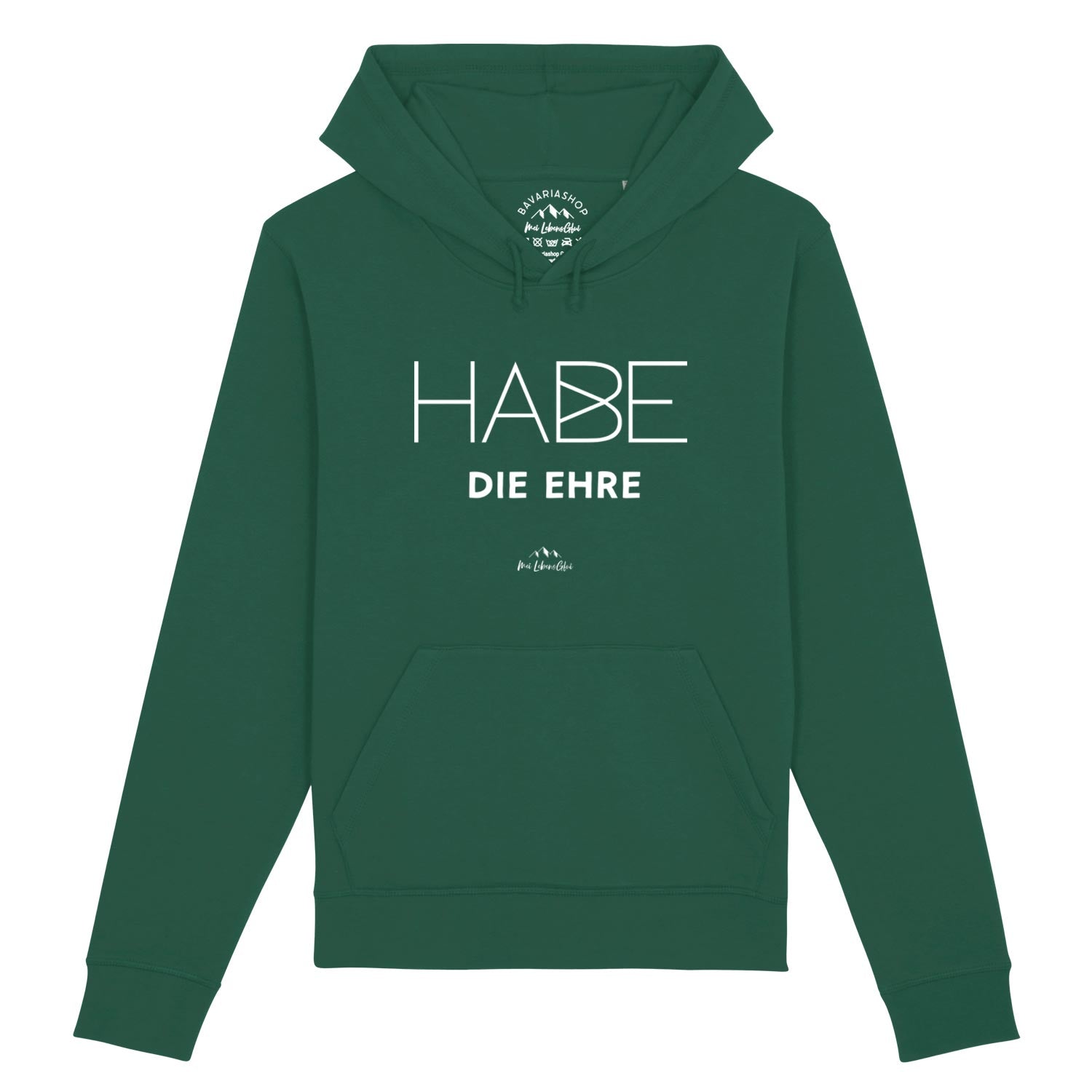 Dunkelgrüner Herren Hoodie mit Frontdruck „Habe die Ehre“, Kapuze und Kängurutasche, Bio-Baumwollmix.