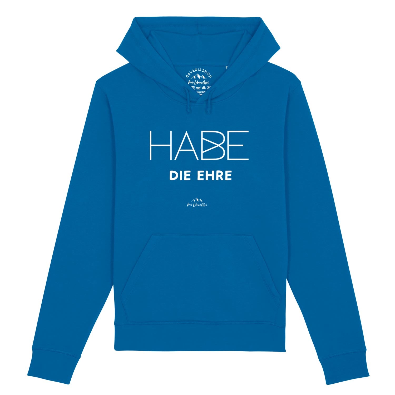 Herren Hoodie mit Frontprint „Habe di Ehre“, Kapuze mit Kordelzug, Kängurutasche, Royalblau, Bio-Baumwollmix.
