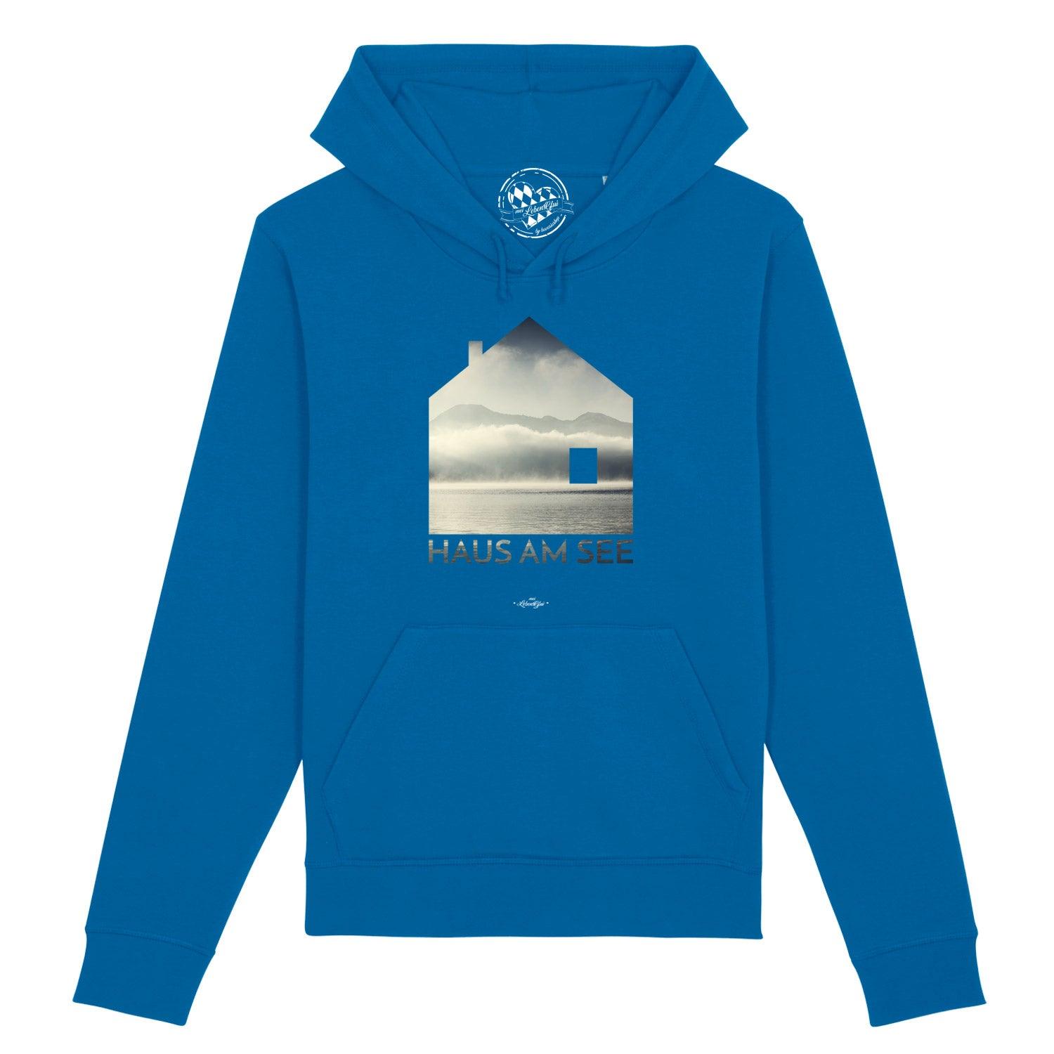 Grauer Herren Hoodie mit weißem "Haus am See"-Motiv und Schriftzug, Kapuze, Kängurutasche, Bio-Baumwolle.