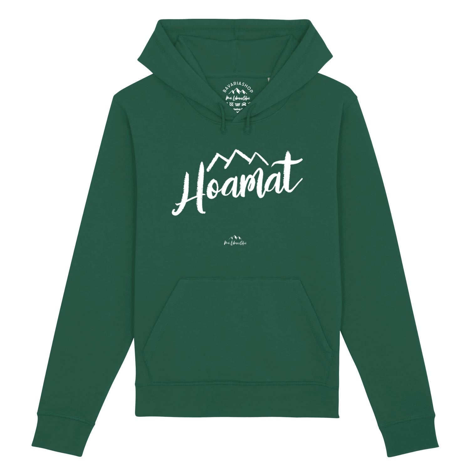 Dunkelgrüner Herren Hoodie mit Brustschriftzug „Hoamat“, aus Bio-Baumwolle und recyceltem Polyester.