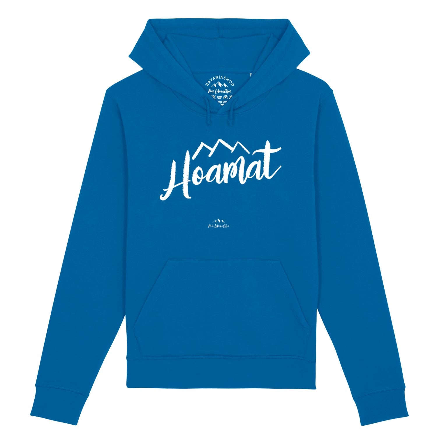 Herren Hoodie mit Frontschriftzug "Hoamat", Kapuze, Kängurutasche, aus Bio-Baumwolle-Mix in Royalblau.