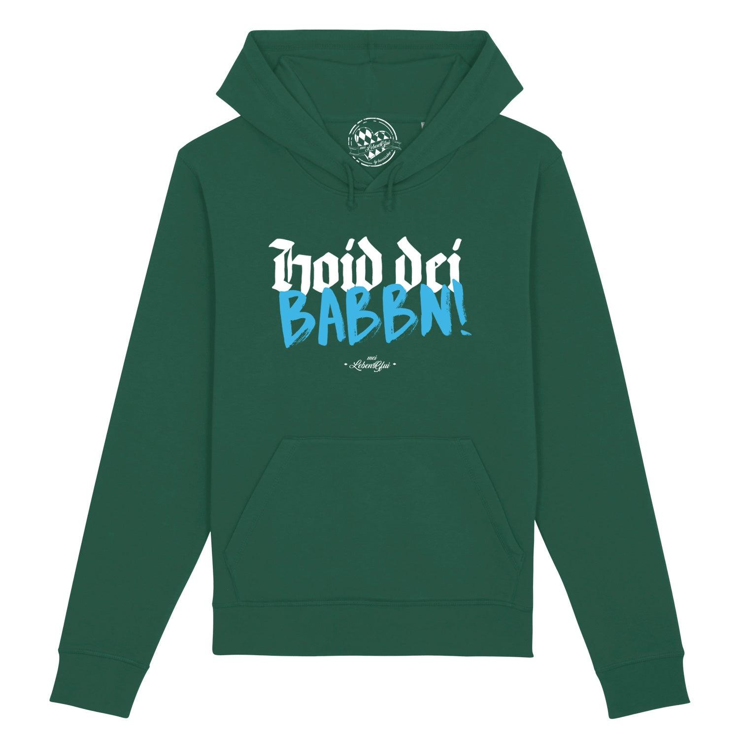 Dunkelgrauer Herren-Hoodie mit weißem „Hoid dei Babbn“-Schriftzug, Kapuze, Kängurutasche, Bio-Baumwolle-Mix.