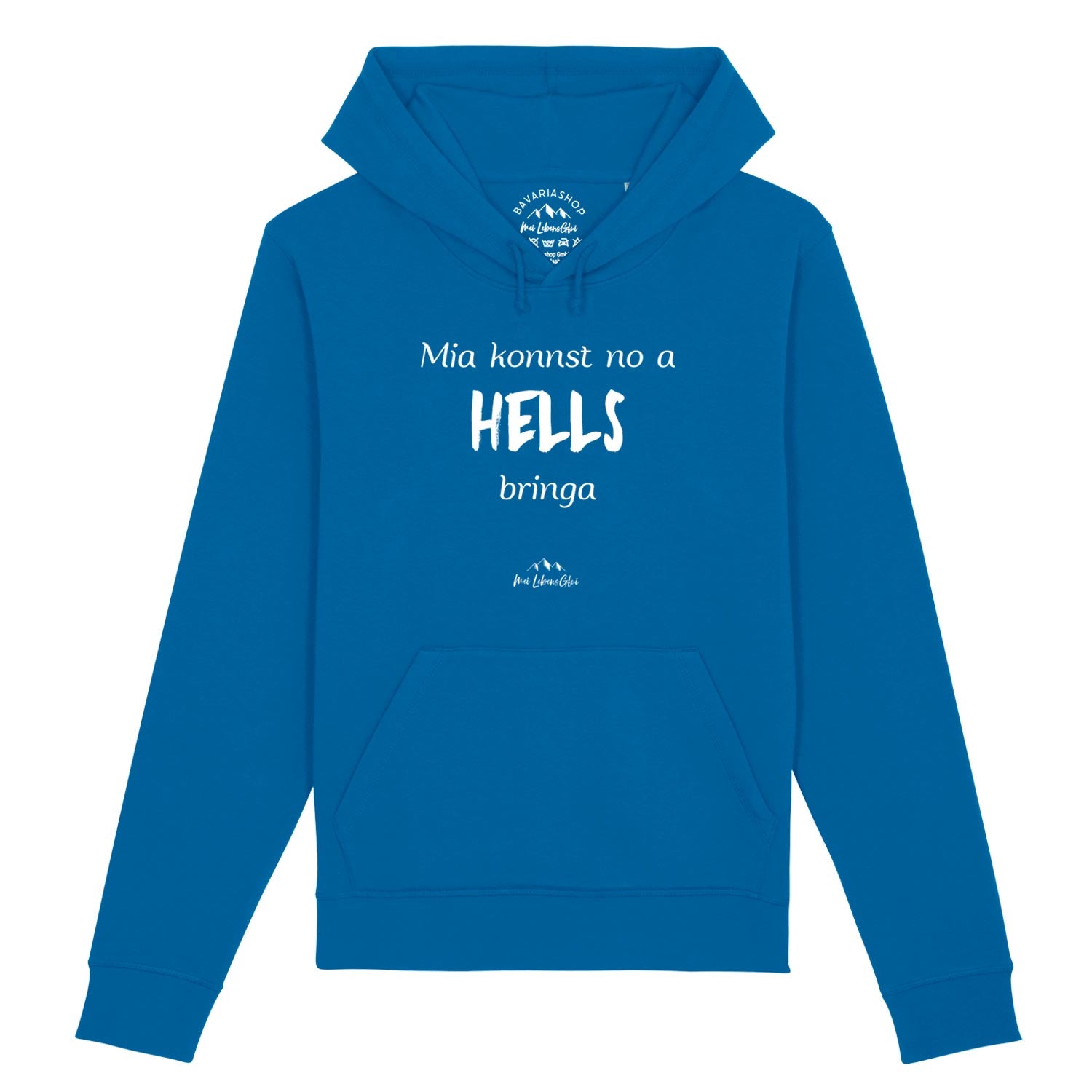 Herren Hoodie mit Frontprint „Mia konnst no a Hells bringa“, Kapuze, Kängurutasche, Farbe Royalblau, Bio-Baumwollmix.