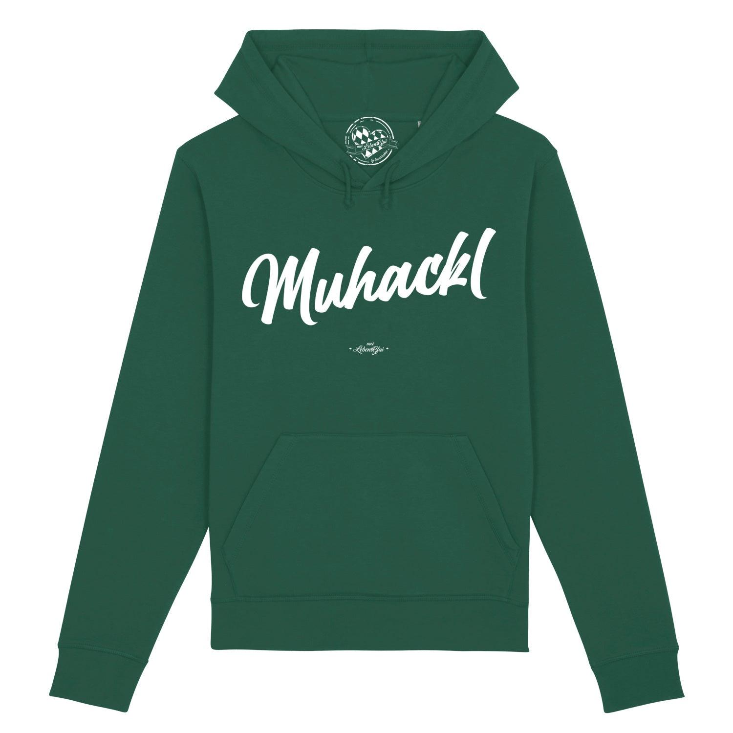 Dunkelblauer Herren-Hoodie mit weißem „Muhackl“-Schriftzug, Kapuze, Kängurutasche, aus Bio-Baumwolle und Recycling-Polyester.