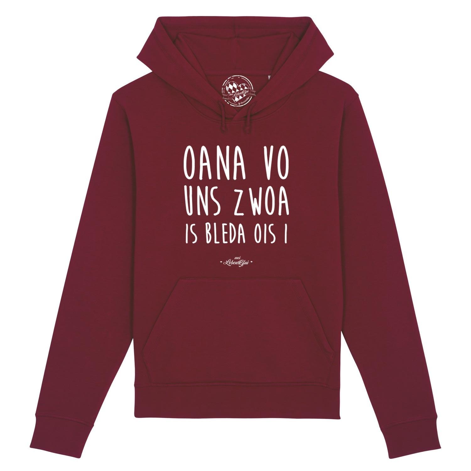Herren Hoodie mit Frontprint „Oana vo uns zwoa“, Kapuze mit Kordelzug, Kängurutasche, aus Bio-Baumwolle.