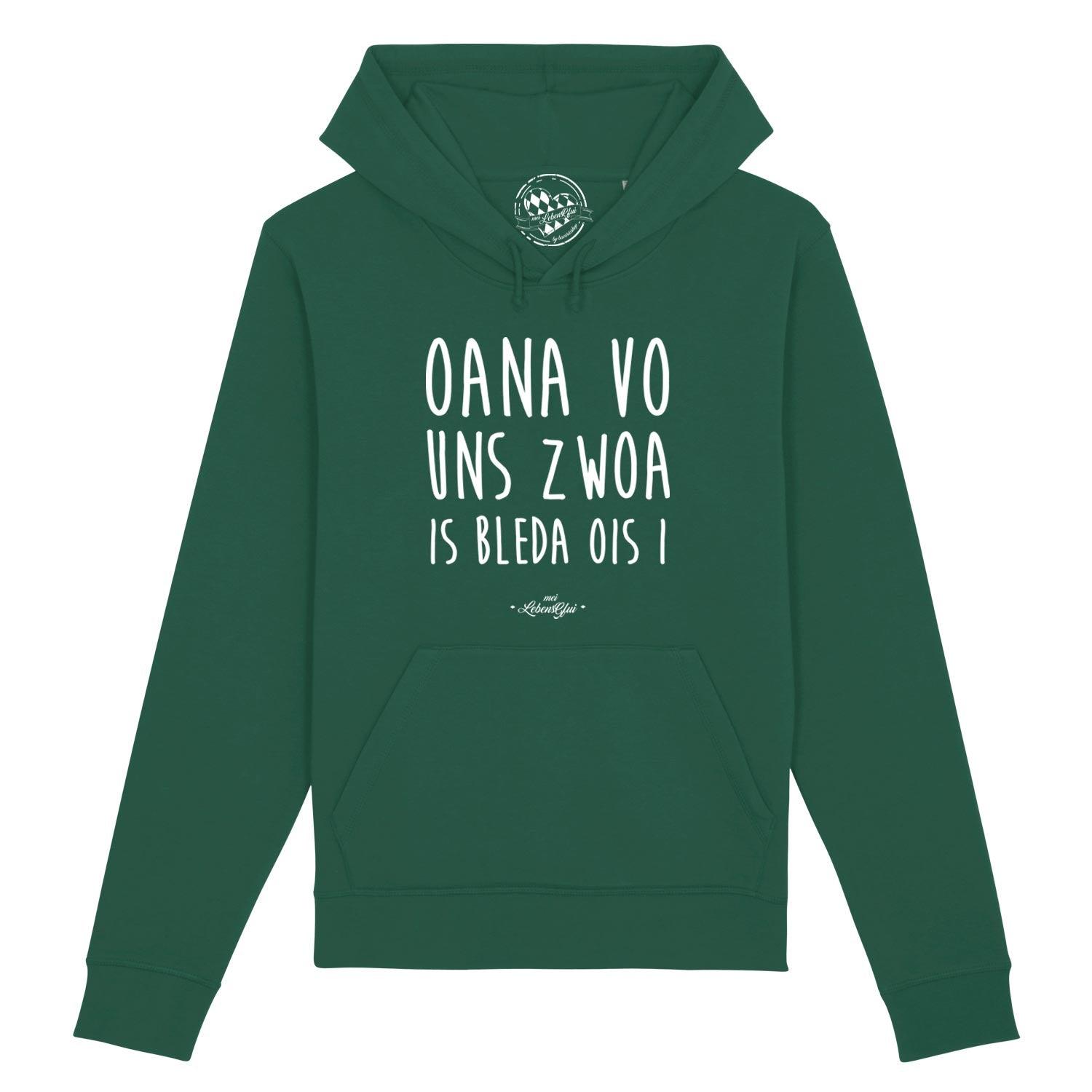 Herren Hoodie mit Front-Aufdruck „Oana vo uns zwoa...“, Kapuze, Kängurutasche, Bio-Baumwolle, Druck in Weiß.