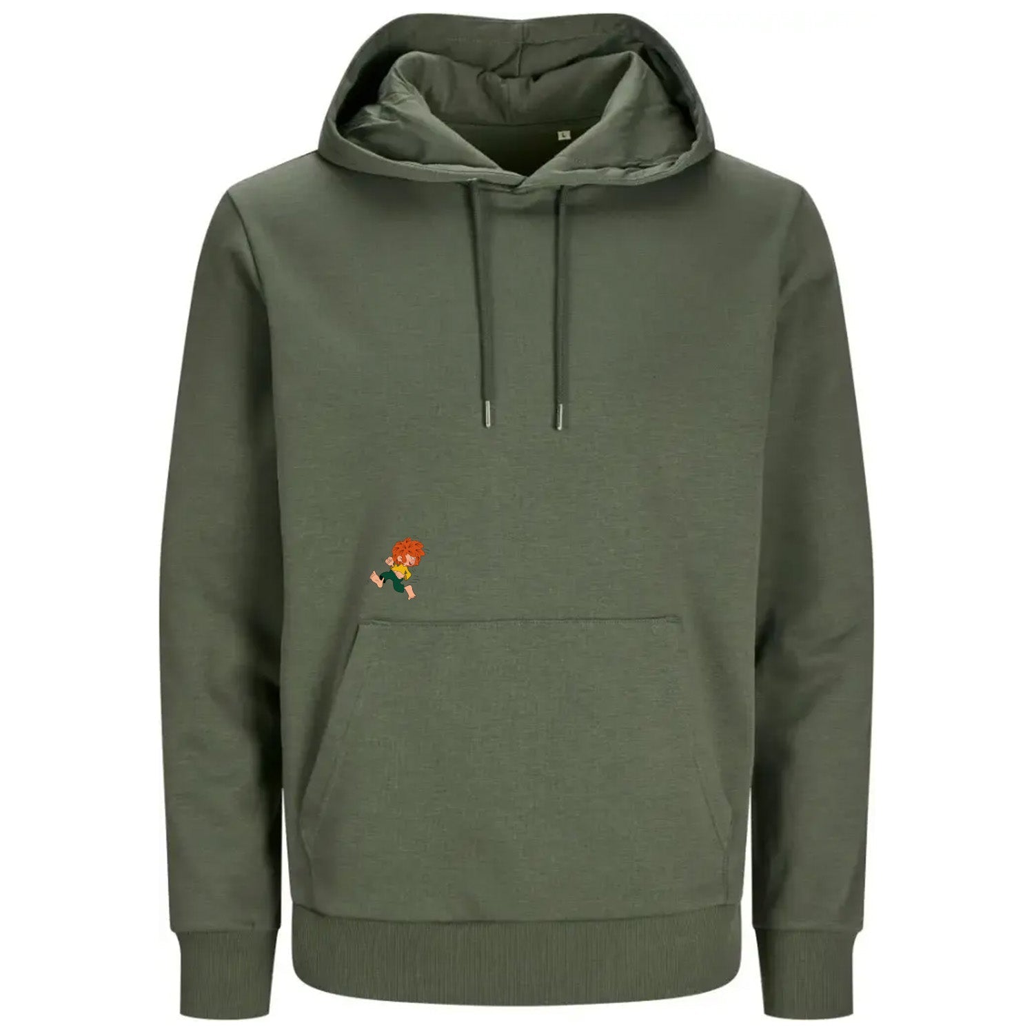 Grüner Pumuckl Unisex Hoodie Lausbua aus Baumwolle mit Kapuze, Kängurutasche und rothaarigem Trickfilm Kobold.