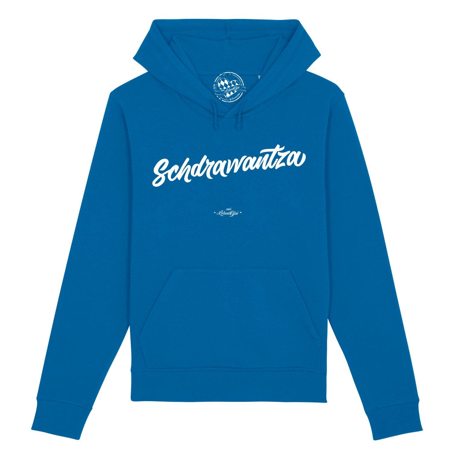 Dunkelgrauer Herren-Hoodie mit weißem „Schdrawantza“-Schriftzug, Kapuze, Kängurutasche, Bio-Baumwolle-Mix.