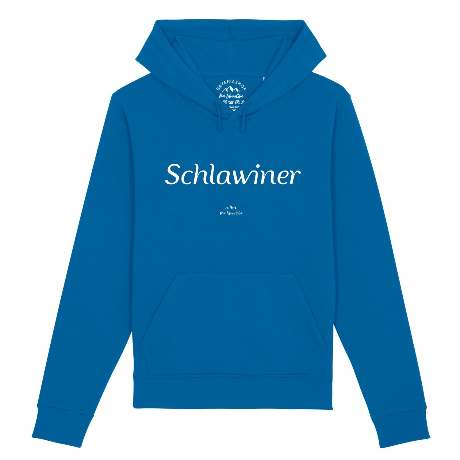 Herren Hoodie mit Schlawiner-Schriftzug auf der Brust, Kapuze mit Kordelzug, Kängurutasche, royalblau, Bio-Baumwolle.