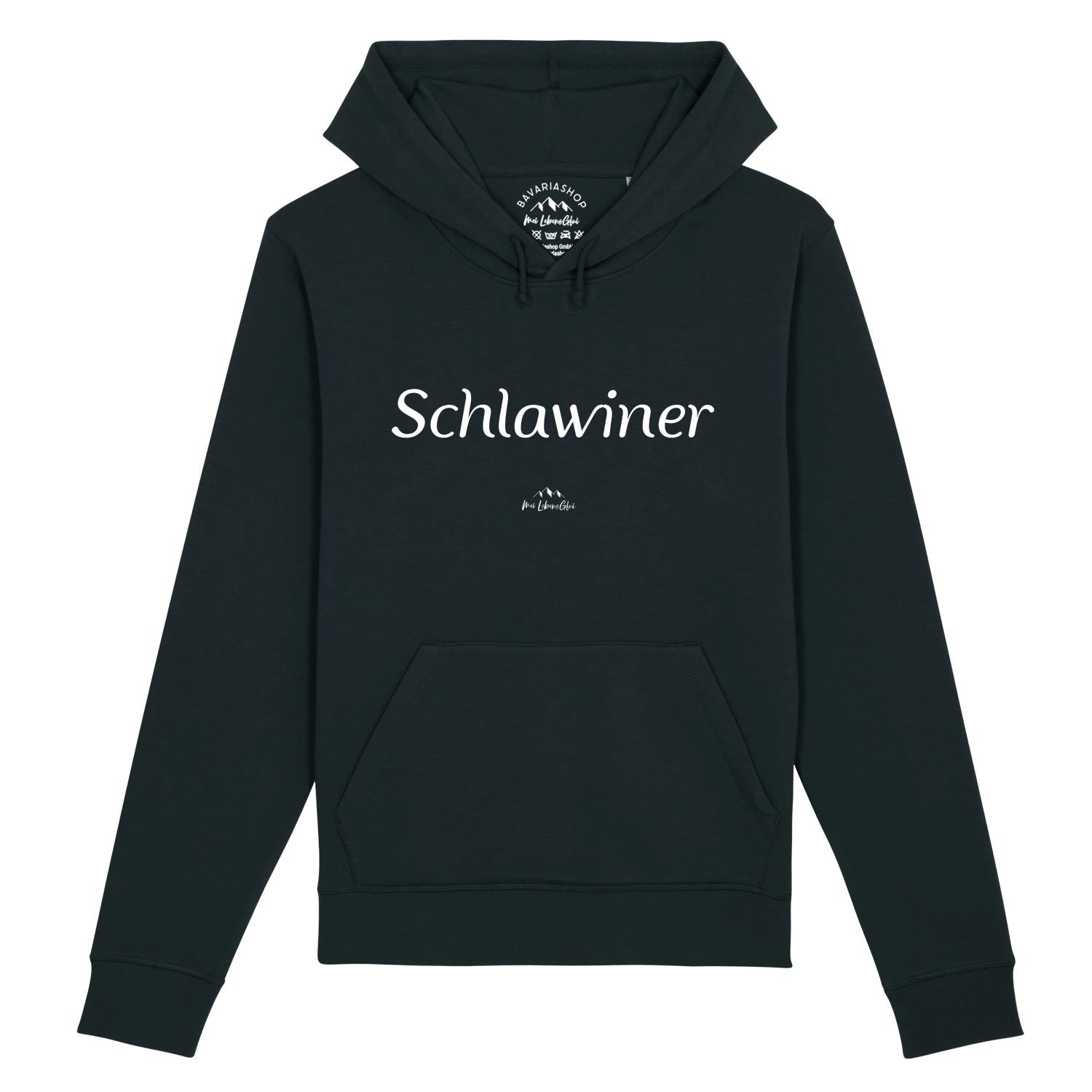 Herren Hoodie mit Kapuze und Kordelzug, Brustprint „Schlawiner“, aus Bio-Baumwolle und recyceltem Polyester.