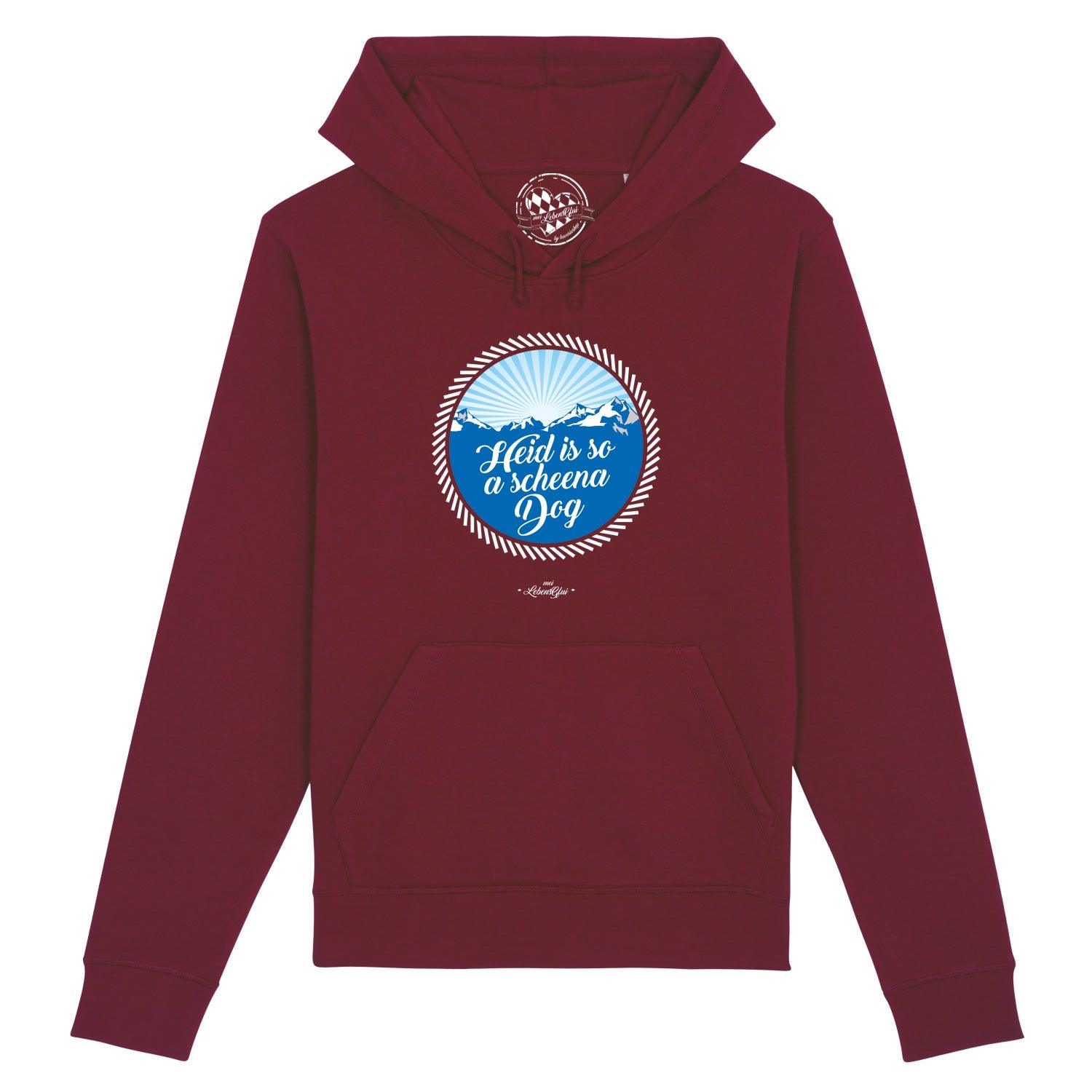 Dunkelblauer Herren-Hoodie mit weißem Schriftzug „So a scheena Dog“, Kapuze, Kängurutasche, Bio-Baumwolle.