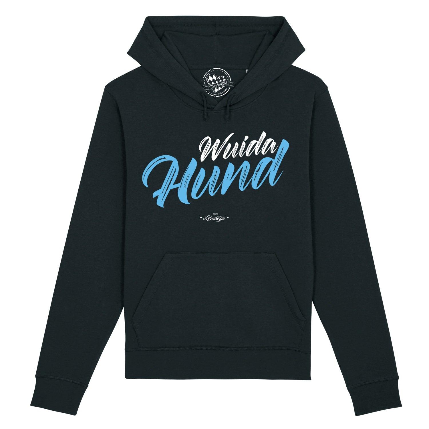 Schwarzer Herren-Hoodie mit weißem "Wuida Hund"-Schriftzug vorne, Kapuze und Kängurutasche, Bio-Baumwolle-Mix.