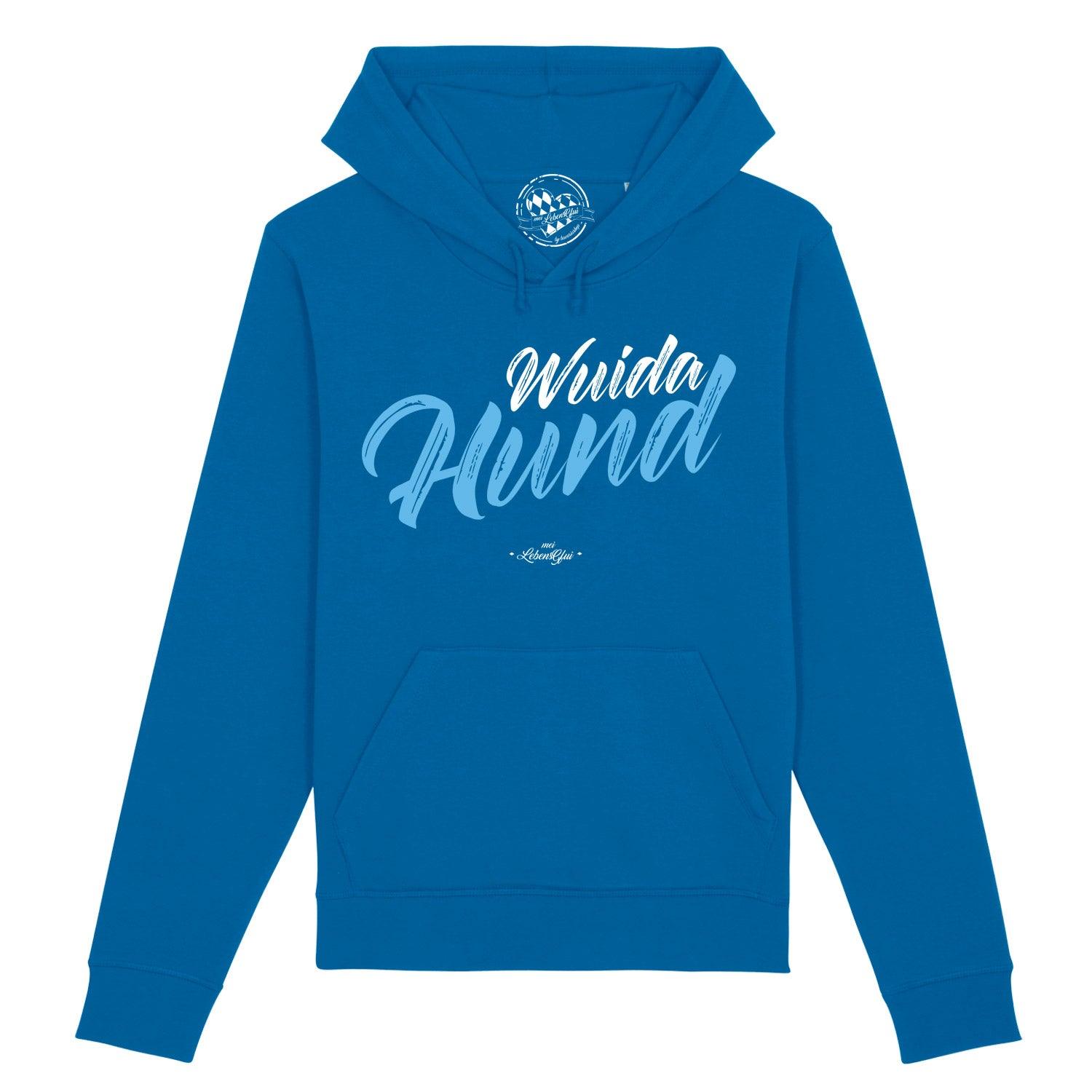Herren Hoodie in Dunkelgrau mit weißem „Wuida Hund“-Schriftzug, Kapuze, Kängurutasche, Bio-Baumwolle-Mix.