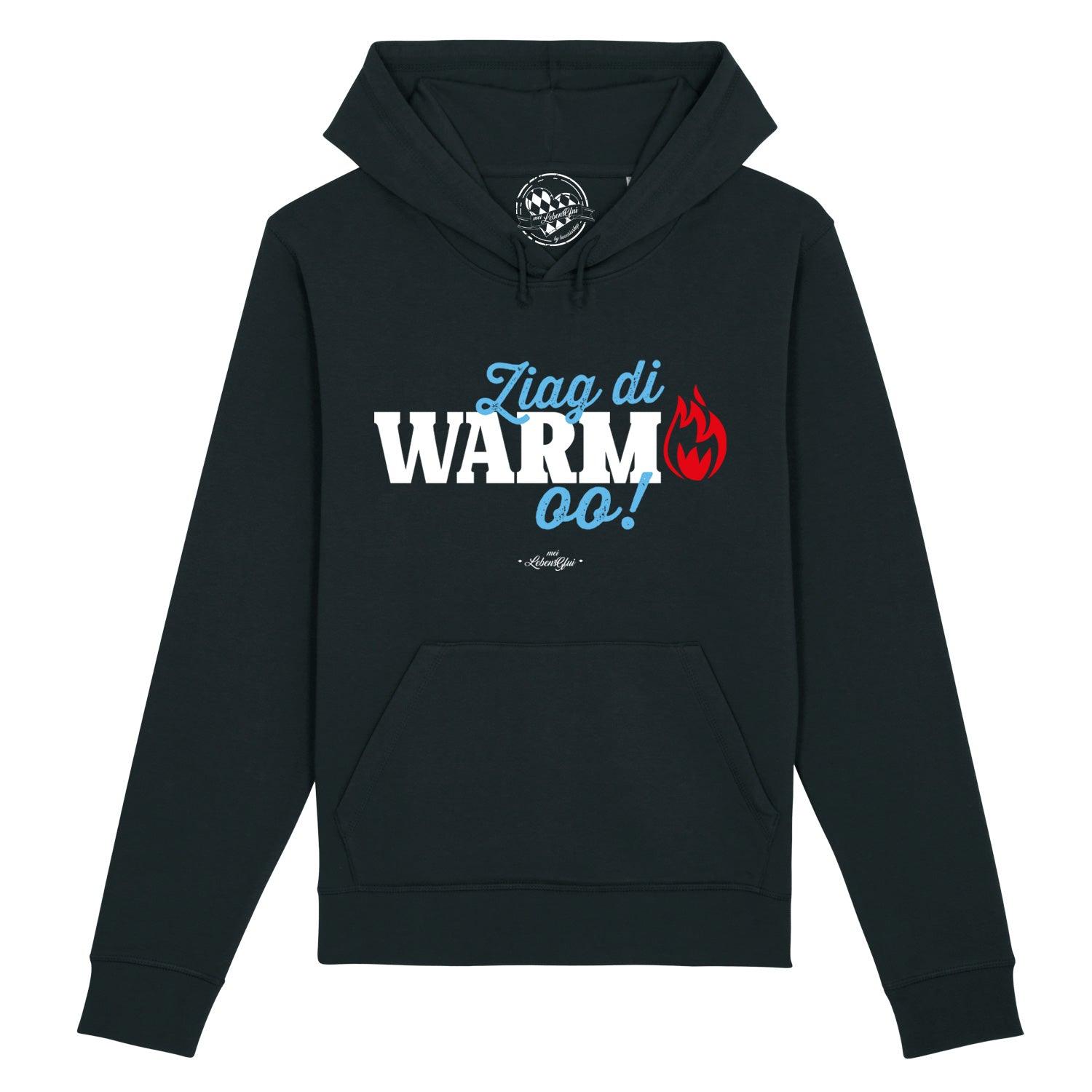 Dunkelblauer Herren-Hoodie mit weißem Aufdruck „Ziag di warm oo!“, Kapuze und Kängurutasche; Bio-Baumwolle-Mix.