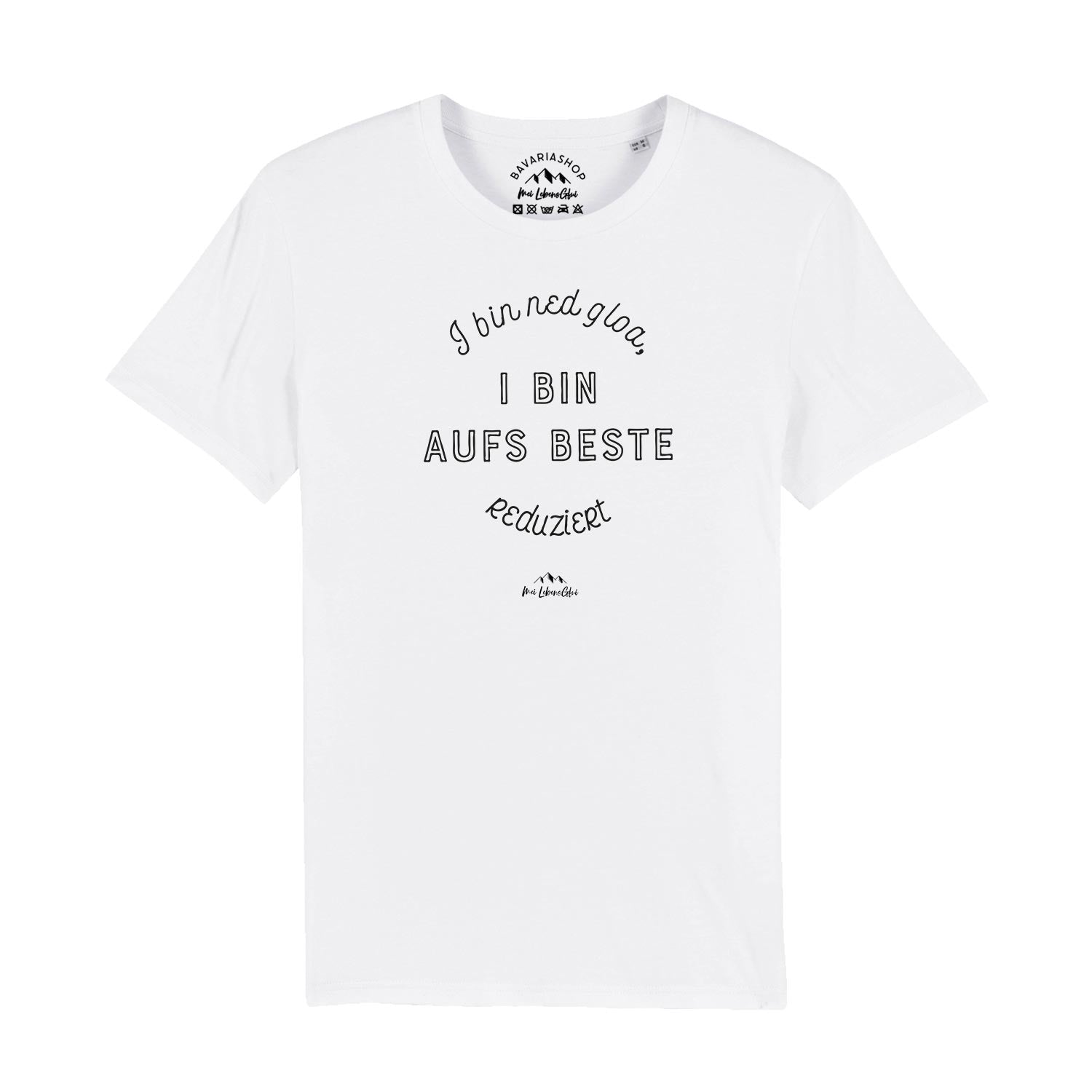 Weißes Herren-T-Shirt mit bayerischem Schriftzug „I bin ned gloa“, aus 100 % Bio-Baumwolle, glatter Stoff.