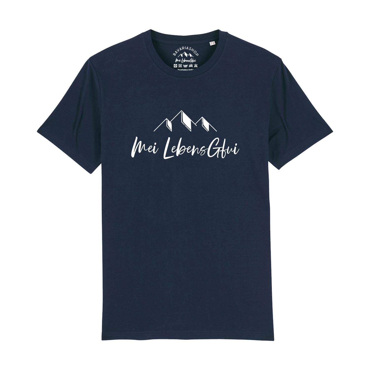 Herren T-Shirt mit bayerischem Schriftzug auf der Brust, kurzärmelig, aus Bio-Baumwolle, in Dunkelblau.