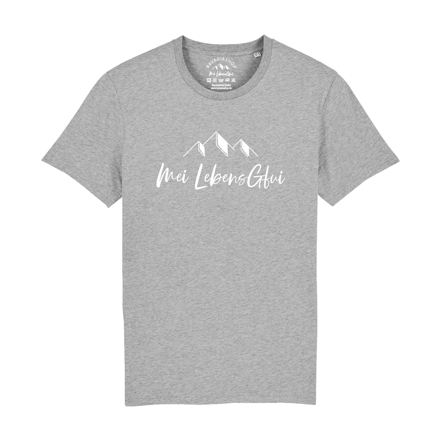 Herren T-Shirt mit bayerischem Schriftzug auf der Brust, Rundhals, kurzarm, aus 100 % Bio-Baumwolle, grau meliert.