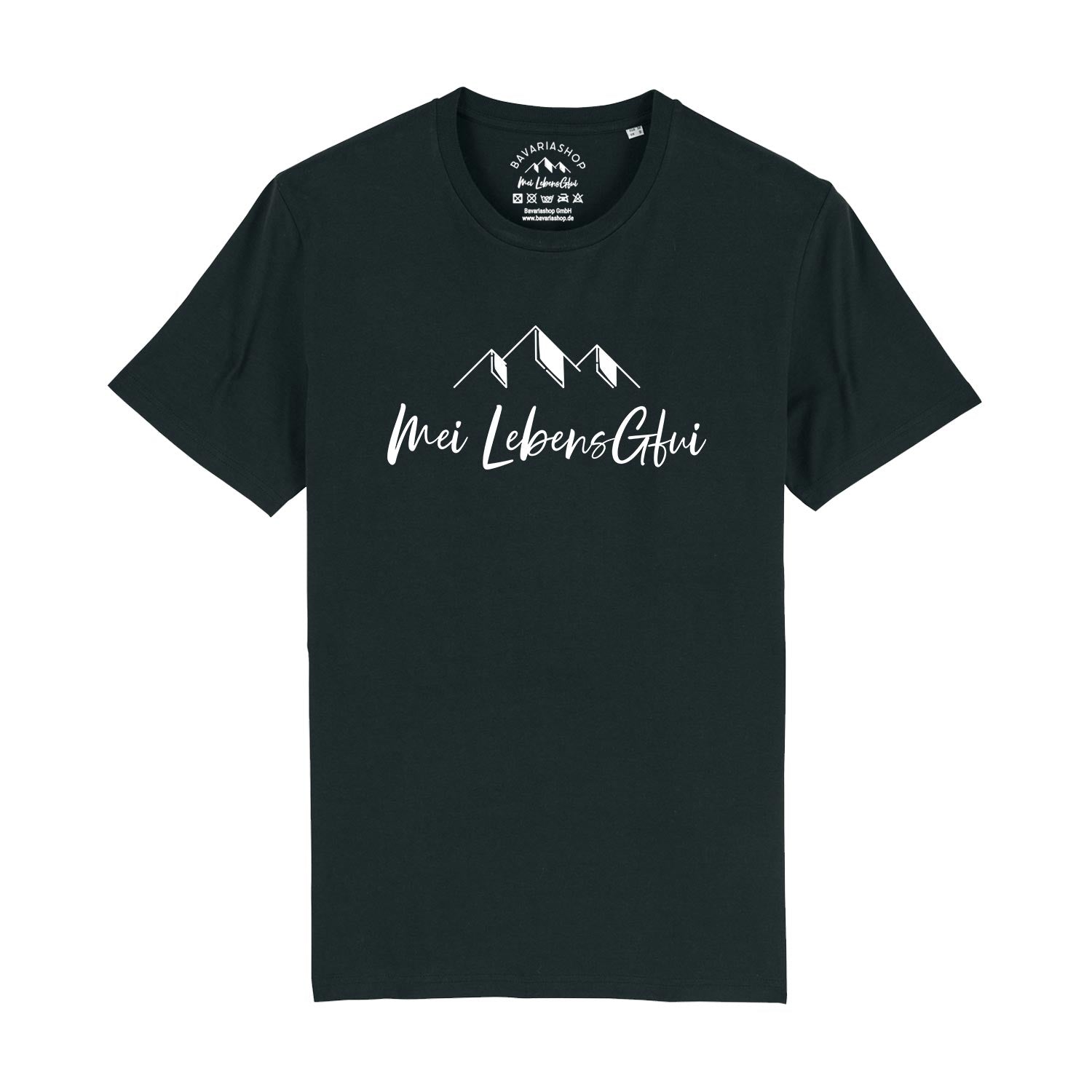 Schwarzes Herren-T-Shirt mit großem Frontprint "Mei LebensGfui" in bayerischer Mundart, aus 100 % Bio-Baumwolle.