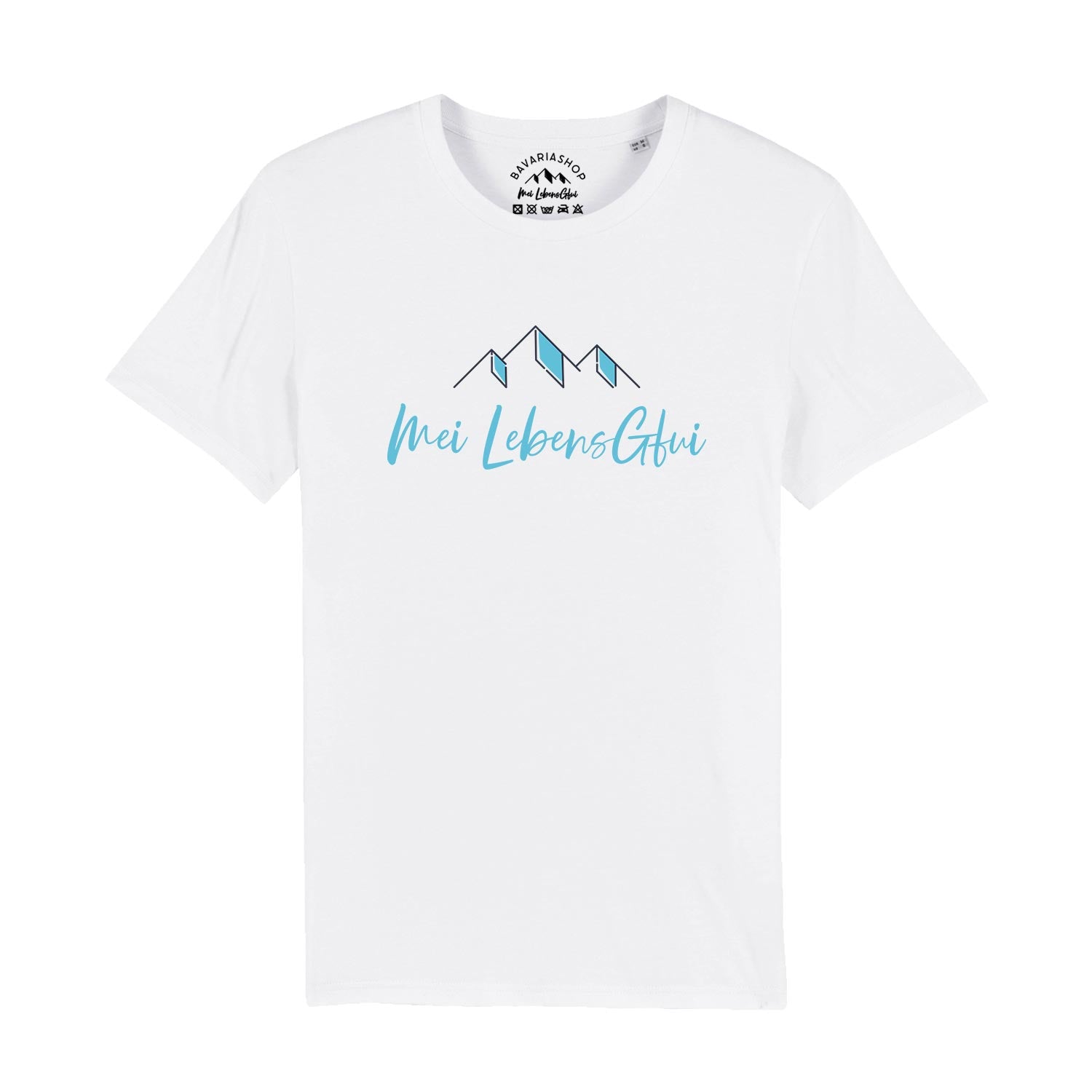 Weißes Herren-T-Shirt mit großem Frontdruck „Mei LebensGfui“ in handschriftlicher Typografie, aus 100 % Bio-Baumwolle.